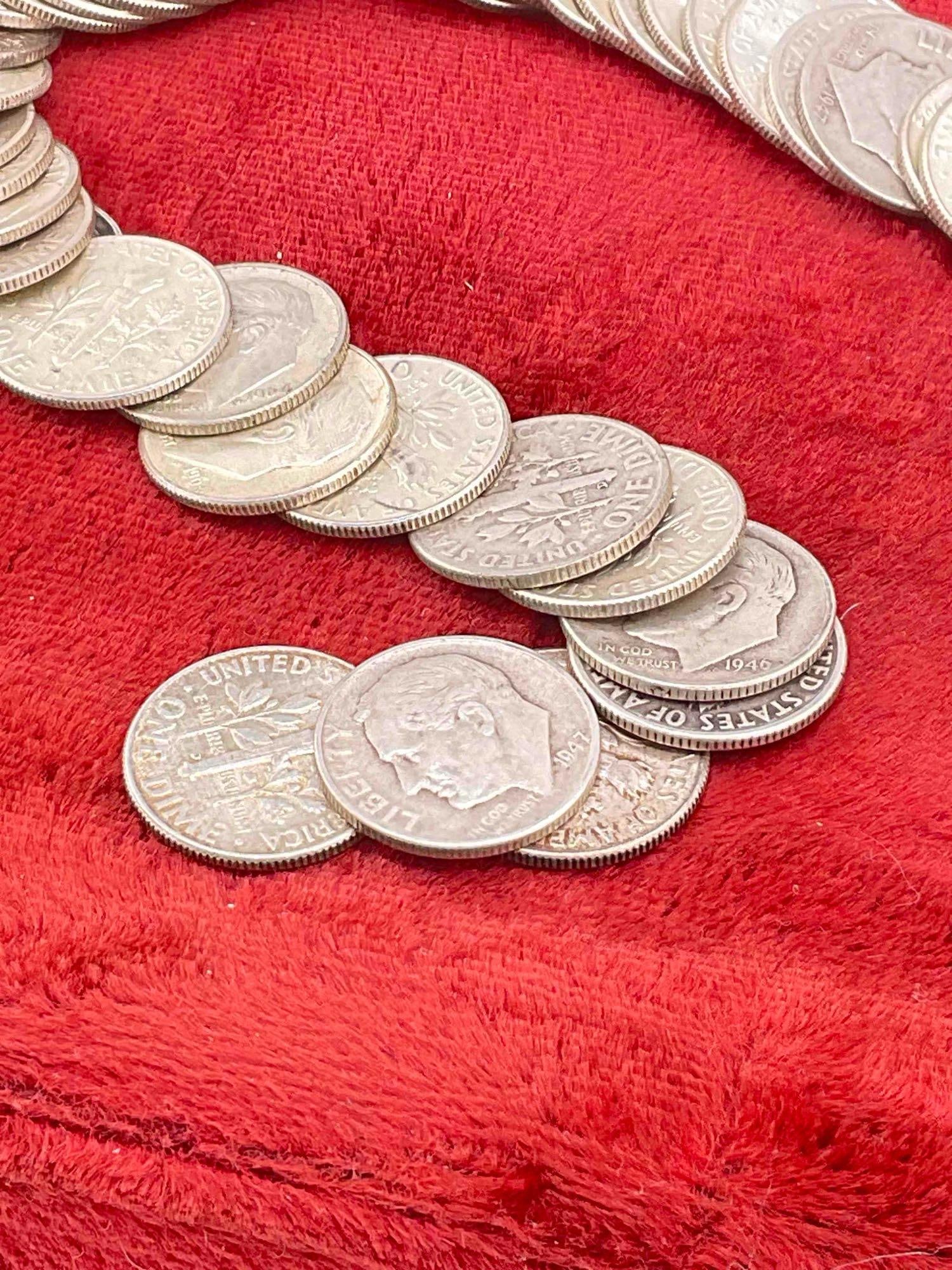 Roll of 50 Silver Roosevelt Dimes coins, assorted dates and mint marks - 2