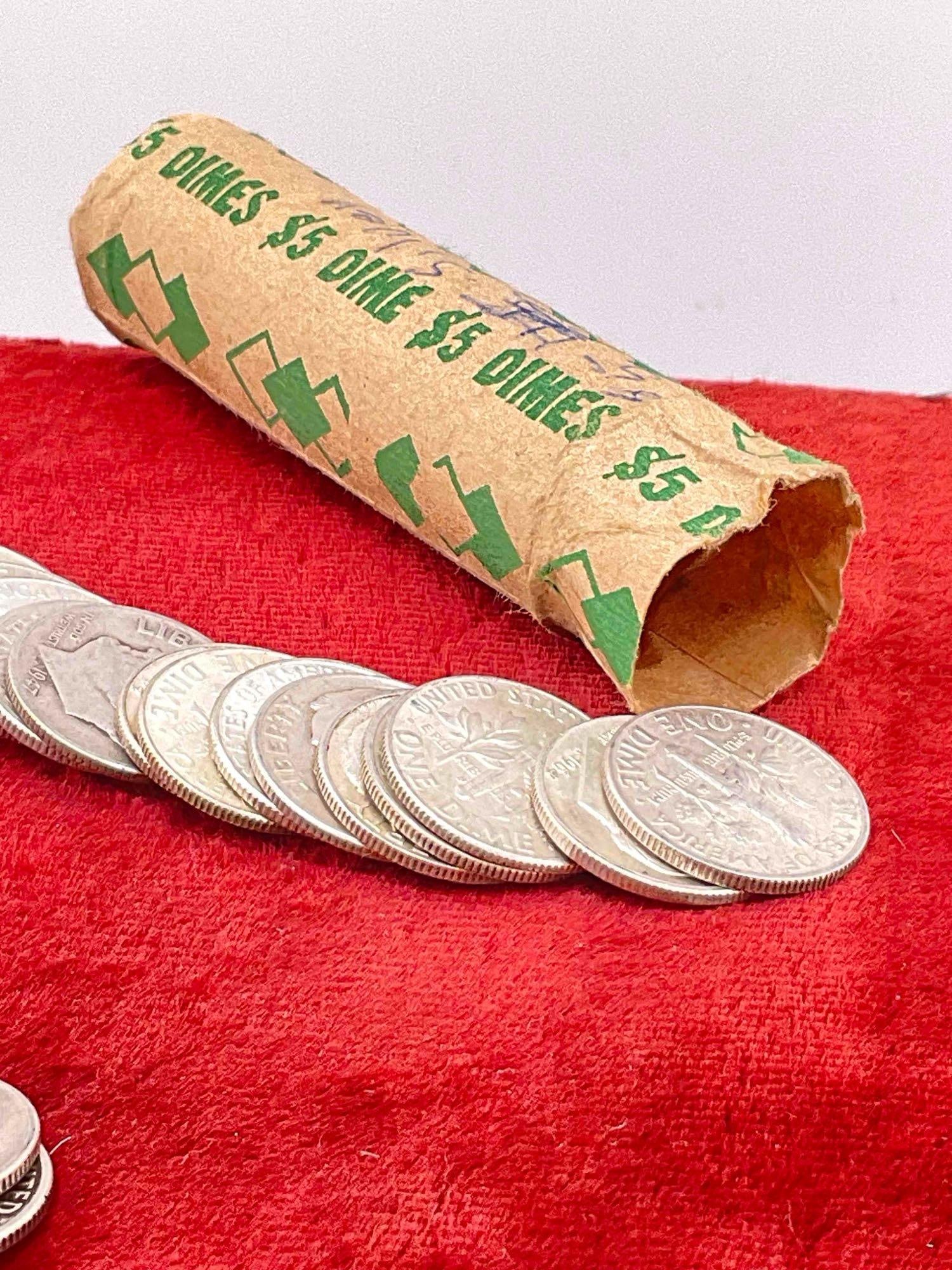 Roll of 50 Silver Roosevelt Dimes coins, assorted dates and mint marks - 3