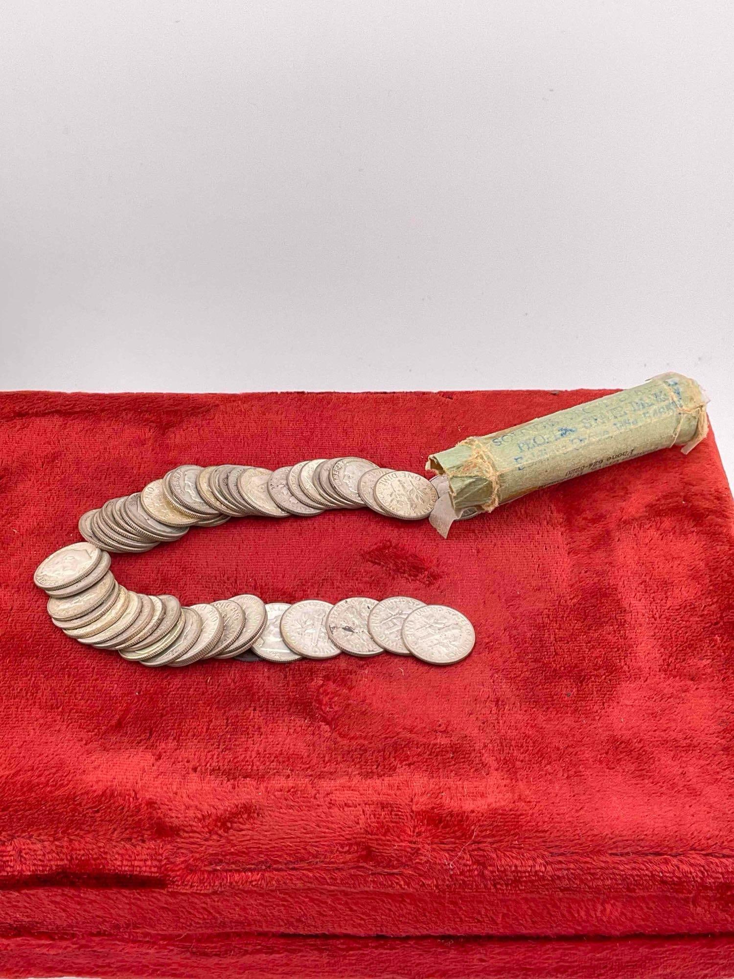 Vintage Roll of 50 Silver Roosevelt Dimes coins, assorted dates and mint marks: c-6600