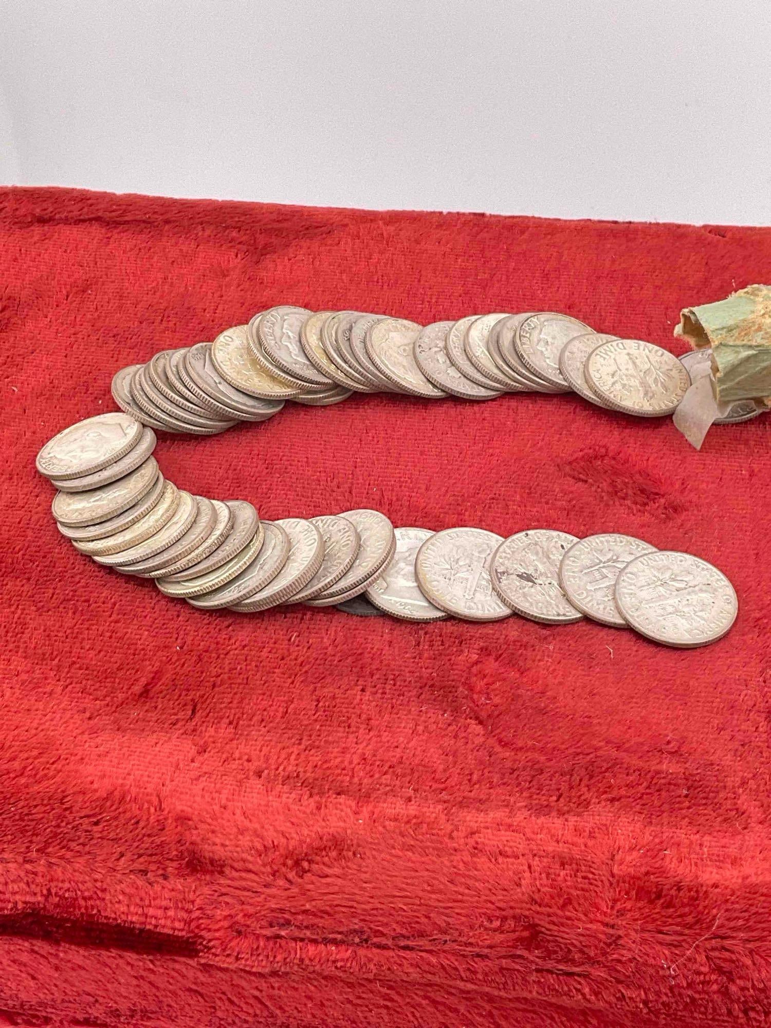 Vintage Roll of 50 Silver Roosevelt Dimes coins, assorted dates and mint marks - 2