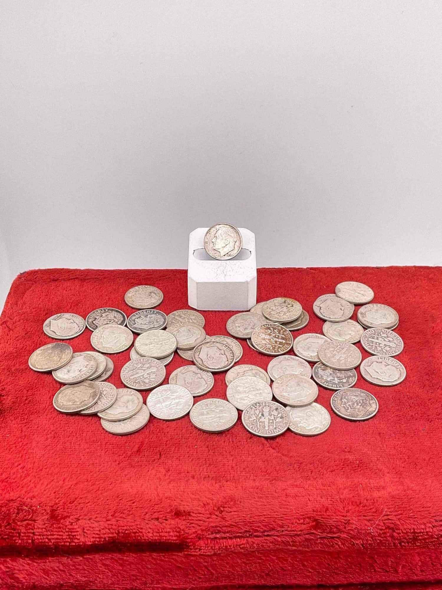 50 Silver Roosevelt Dimes coins are assorted dates and mint marks: c-6600