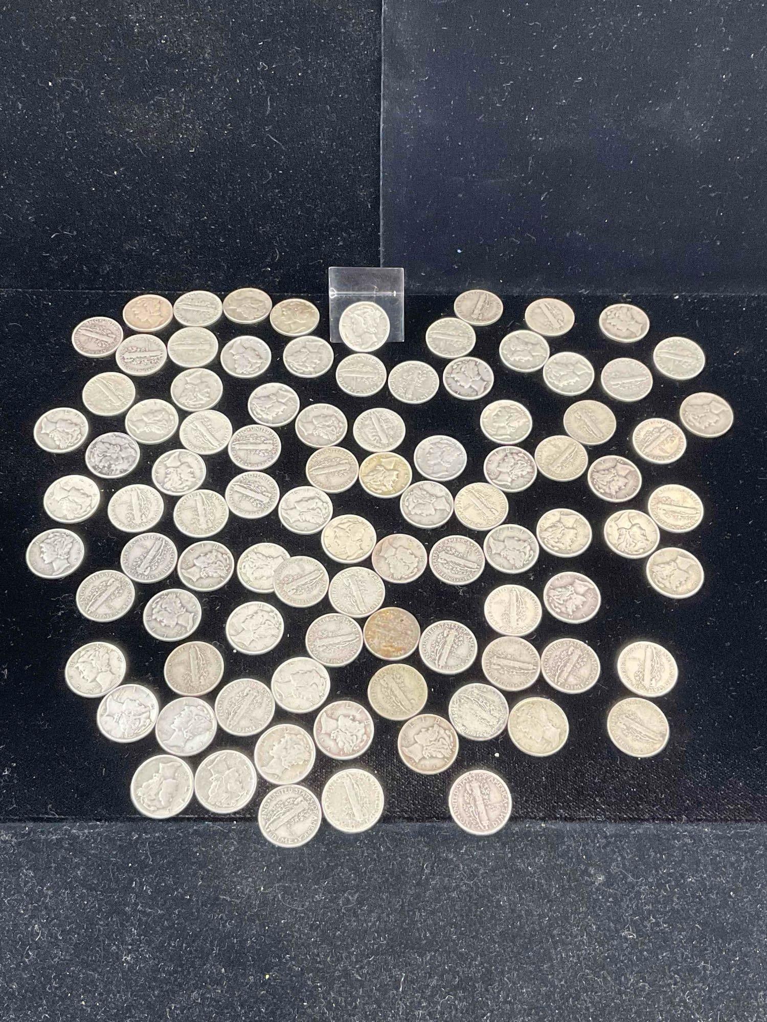 94 X Antique Silver Mercury dimes, Assorted Dates & Mint marks: c-6600