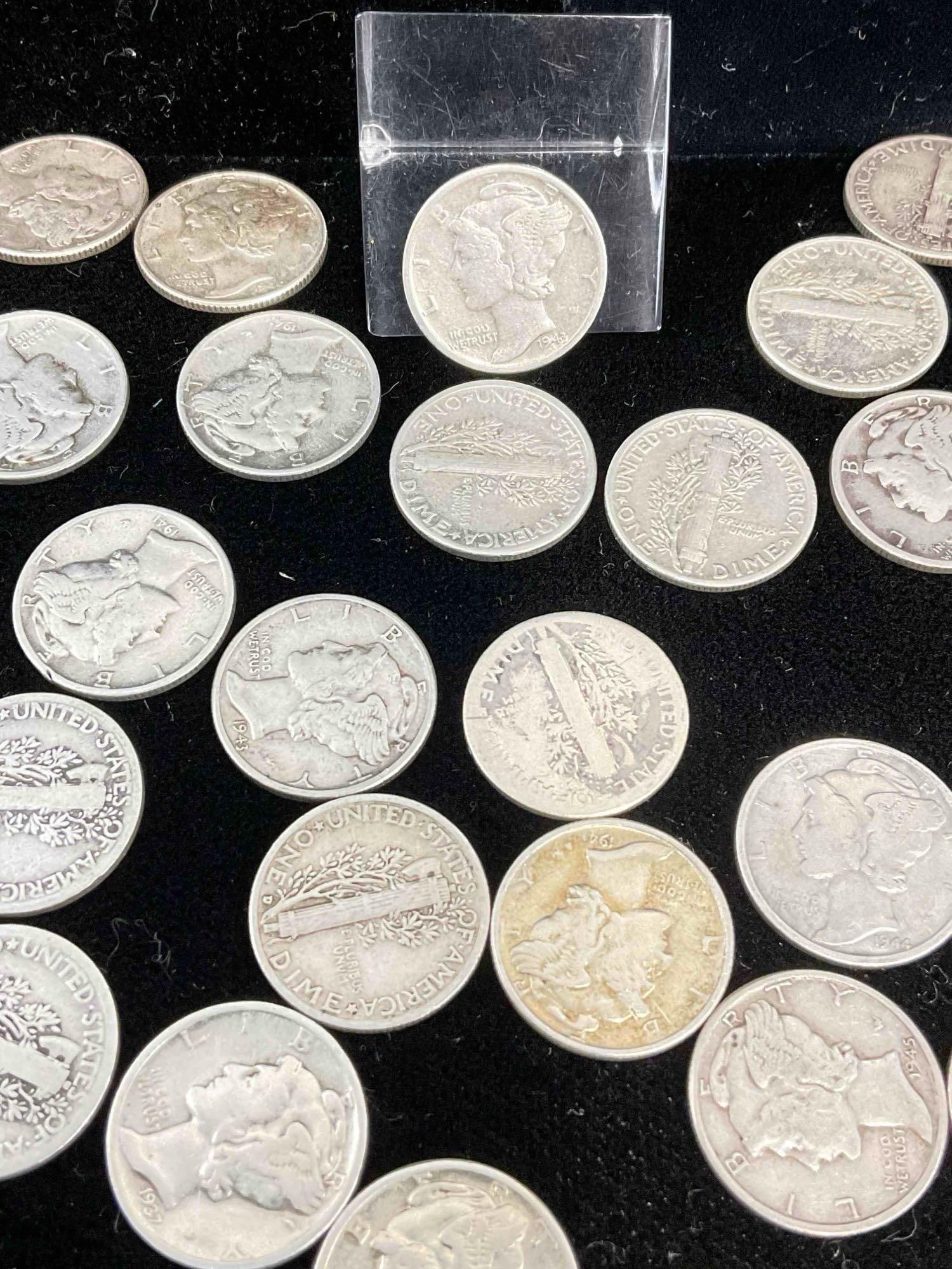 94 X Antique Silver Mercury dimes, Assorted Dates & Mint marks - 3