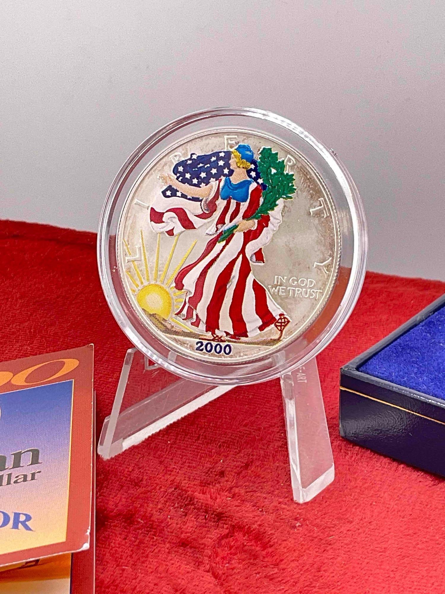 2000 Silver Colorized American Eagle 1 oz .999 silver coin w/ presentation box & Coa - 2