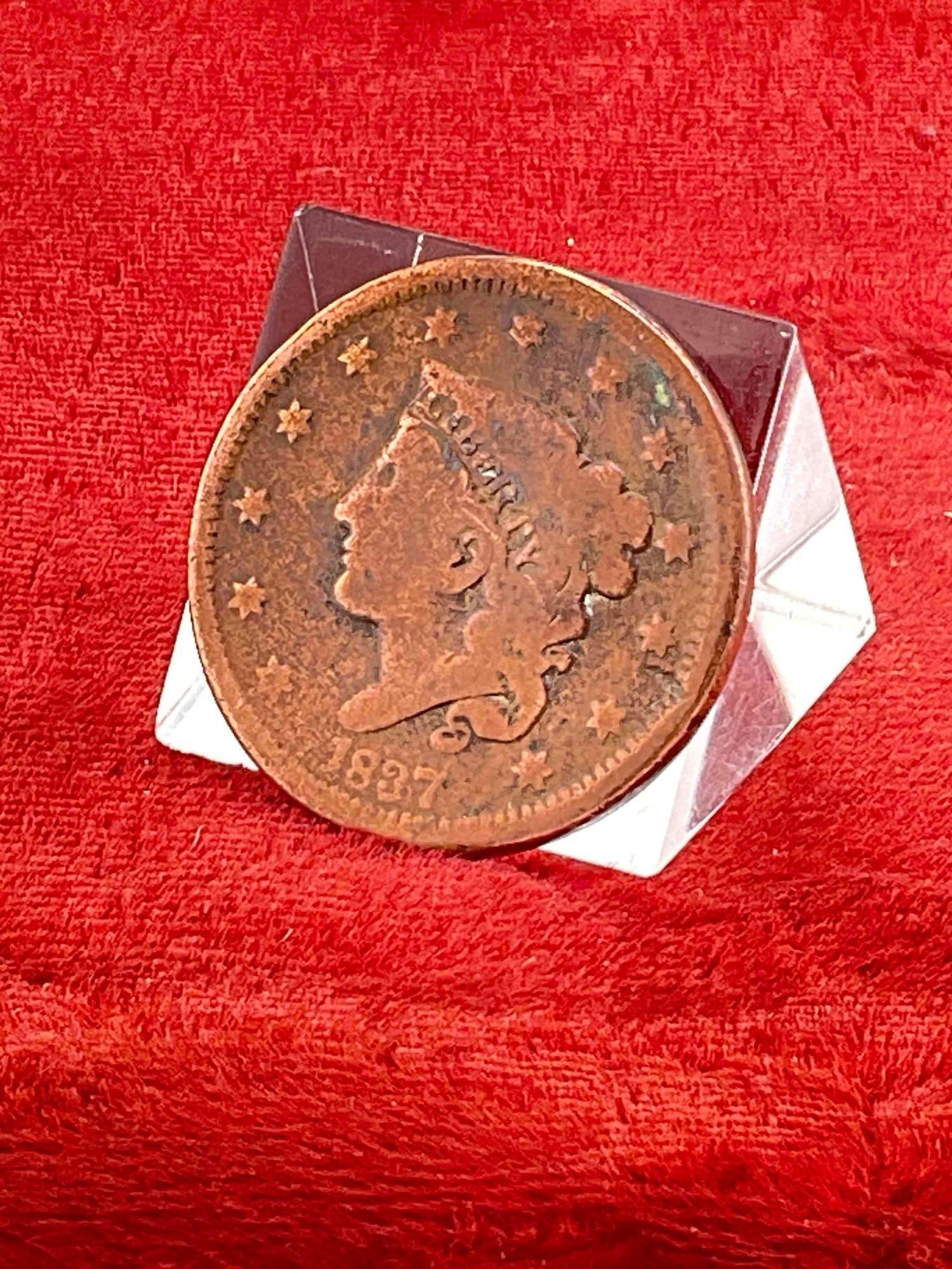 1837 Bawdy Large One cent, altered With a "U" Instead of E in Cent , Most likely Brothel or Joke - 3
