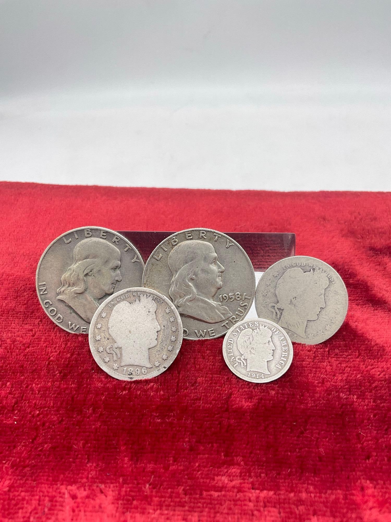 5 x US silver coins - 2 x1958-D Franklin Half dollars , 3x Quarters 1896 & 1914 Barber, 1914-D DIme: c-6600