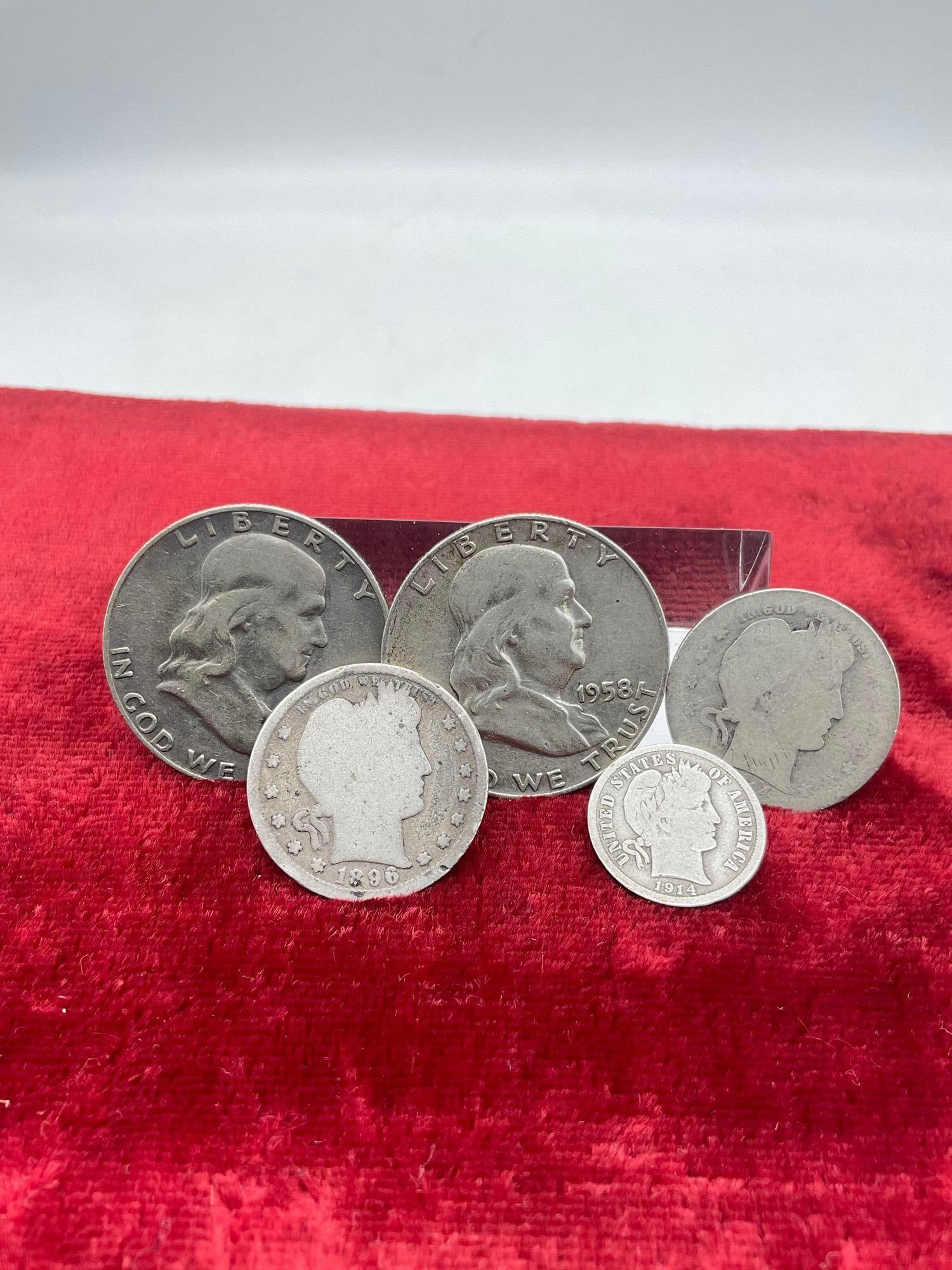 5 x US silver coins - 2 x1958-D Franklin Half dollars , 3x Quarters 1896 & 1914 Barber, 1914-D DIme - 2