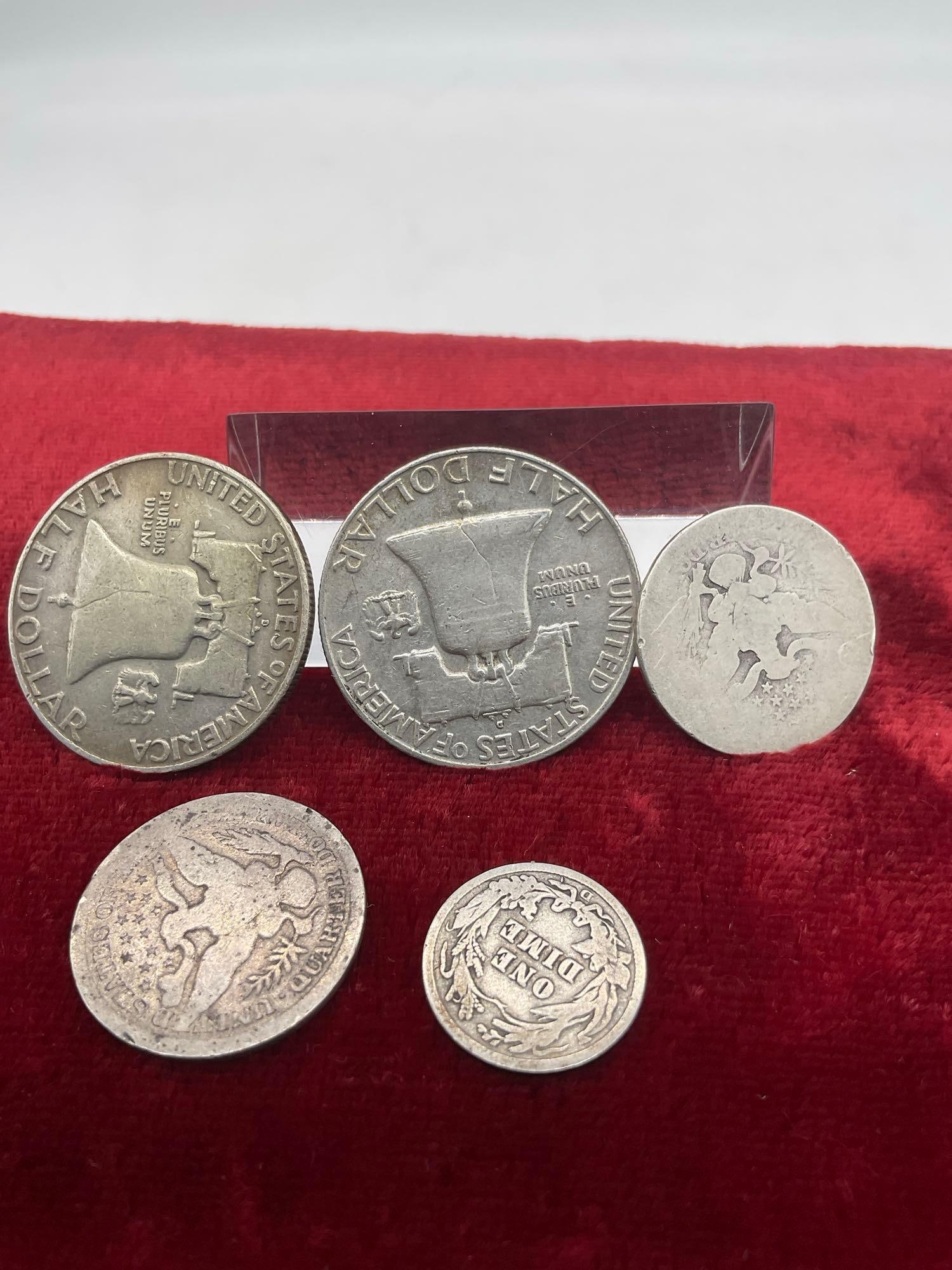 5 x US silver coins - 2 x1958-D Franklin Half dollars , 3x Quarters 1896 & 1914 Barber, 1914-D DIme - 3