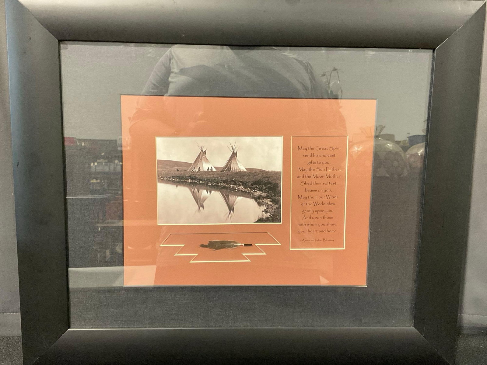 Framed circa 1910 At The Waters Edge - Piegan, Photo, Feather, & Native American quote, 22x25 inc...: Appears to be in good shape. The piece measures approx 22h x 25w x 3d inches. See pics. E-6580