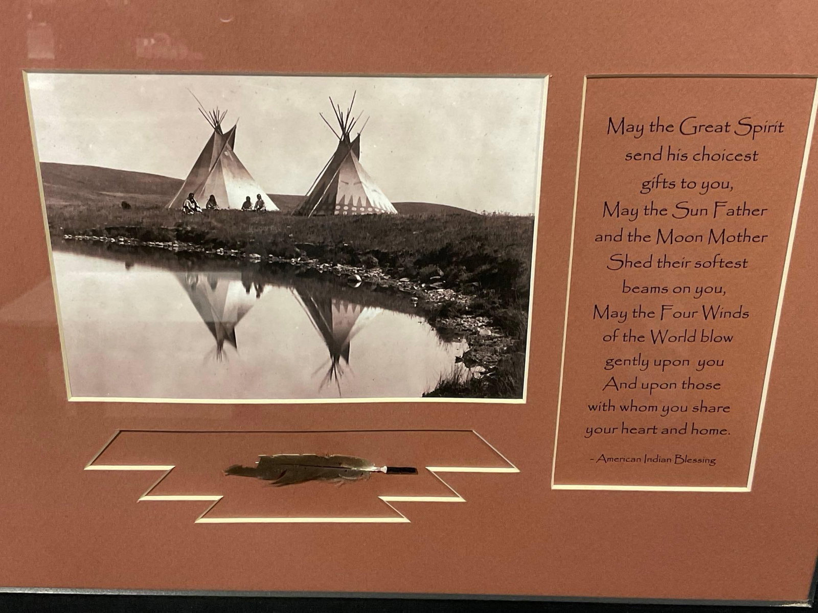 Framed circa 1910 At The Waters Edge - Piegan, Photo, Feather, & Native American quote, 22x25 inc... - 2