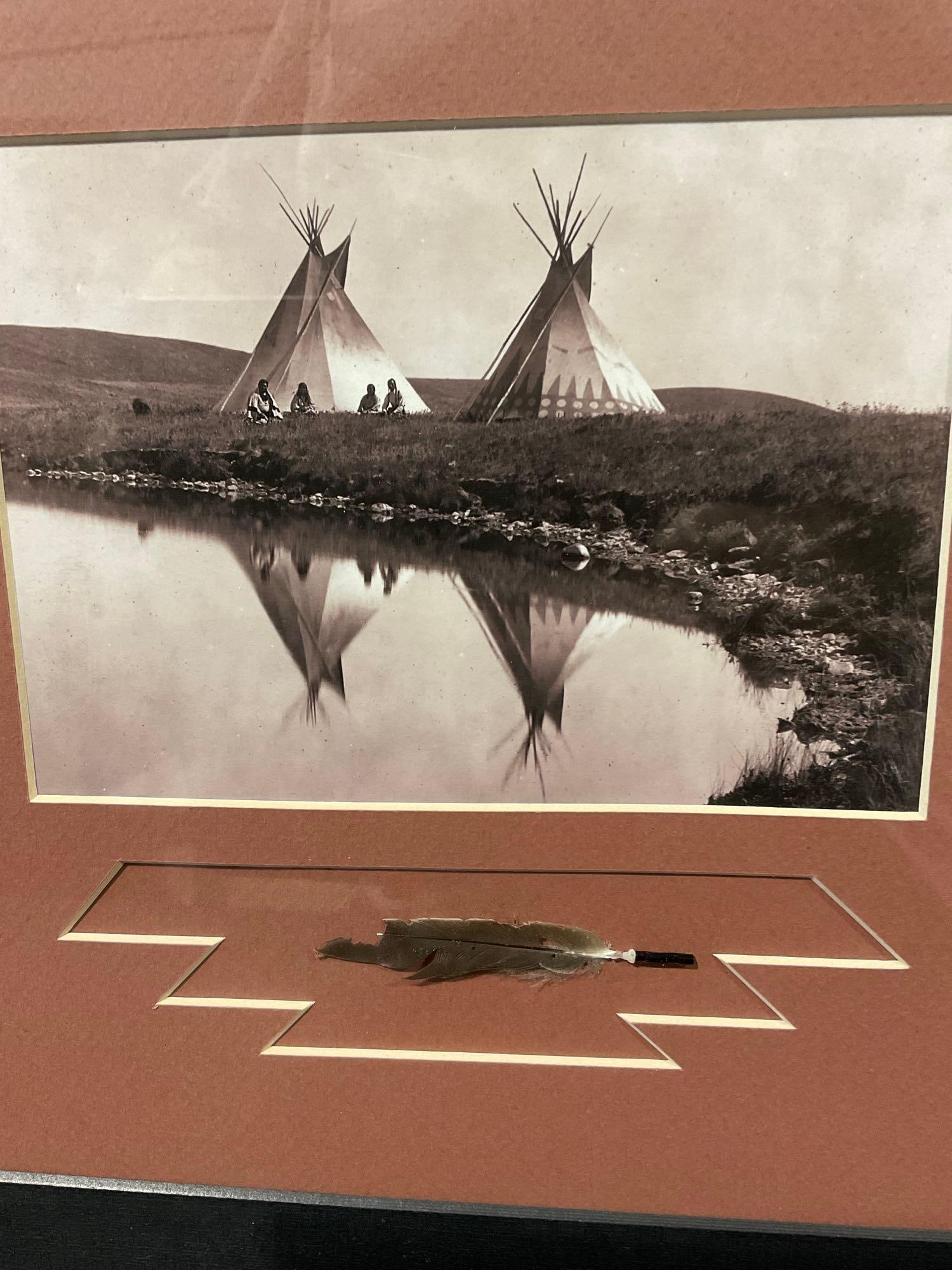 Framed circa 1910 At The Waters Edge - Piegan, Photo, Feather, & Native American quote, 22x25 inc... - 3