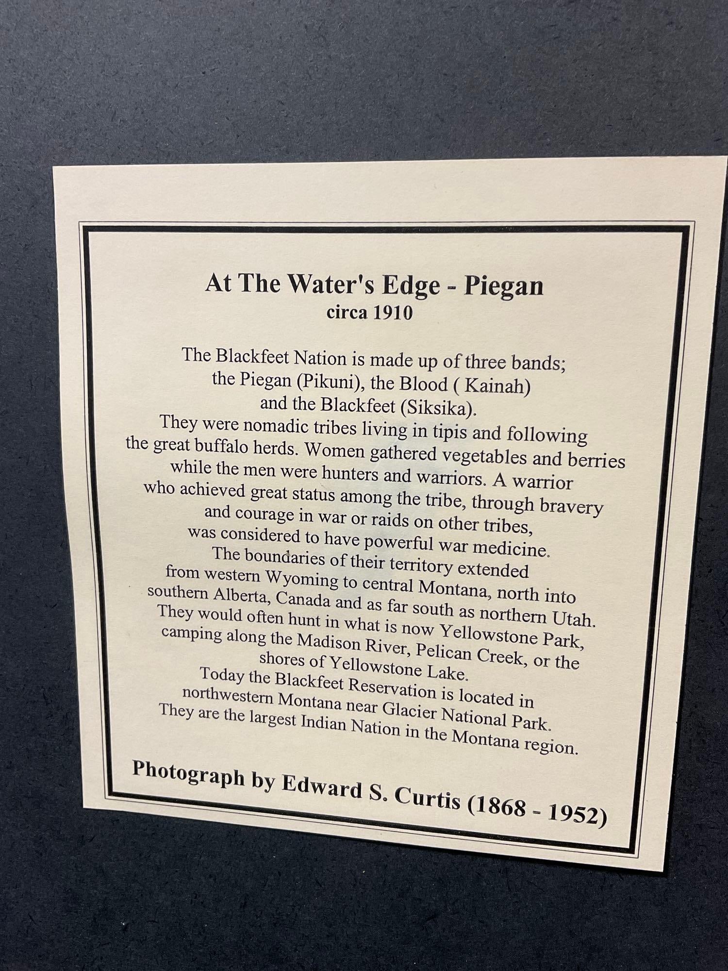 Framed circa 1910 At The Waters Edge - Piegan, Photo, Feather, & Native American quote, 22x25 inc... - 6