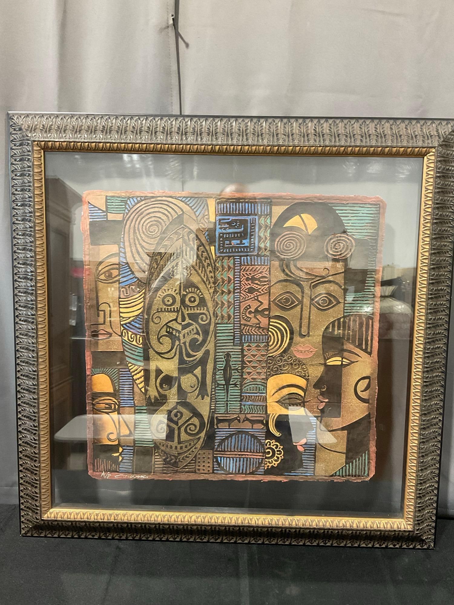 Framed Signed Artists Proof Textile/Batik Art Piece, by C.T. Wong ?, 34x34 in, Multicolor Abstract: Appears to be in good shape. The piece measures approx 34h x 34w x 4d inches. See pics. E-6580