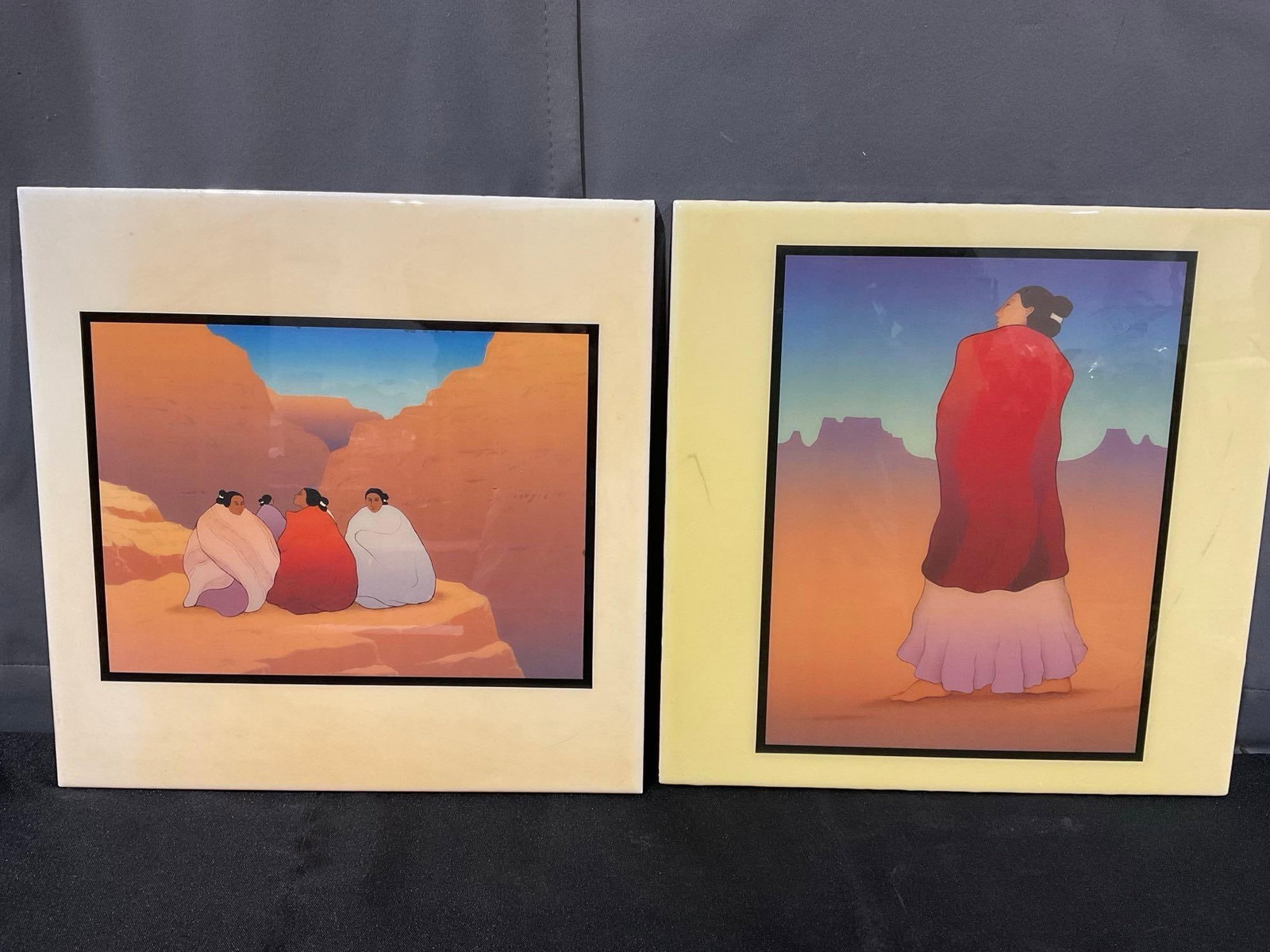 Pair of Native American Ceramic Tiles by R.C.Gorman, 1 titled Eye Dazzler, 12 inch tiles: Appears to be in good shape. The piece measures approx 13h x 13w x 3d inches. See pics. E-6580