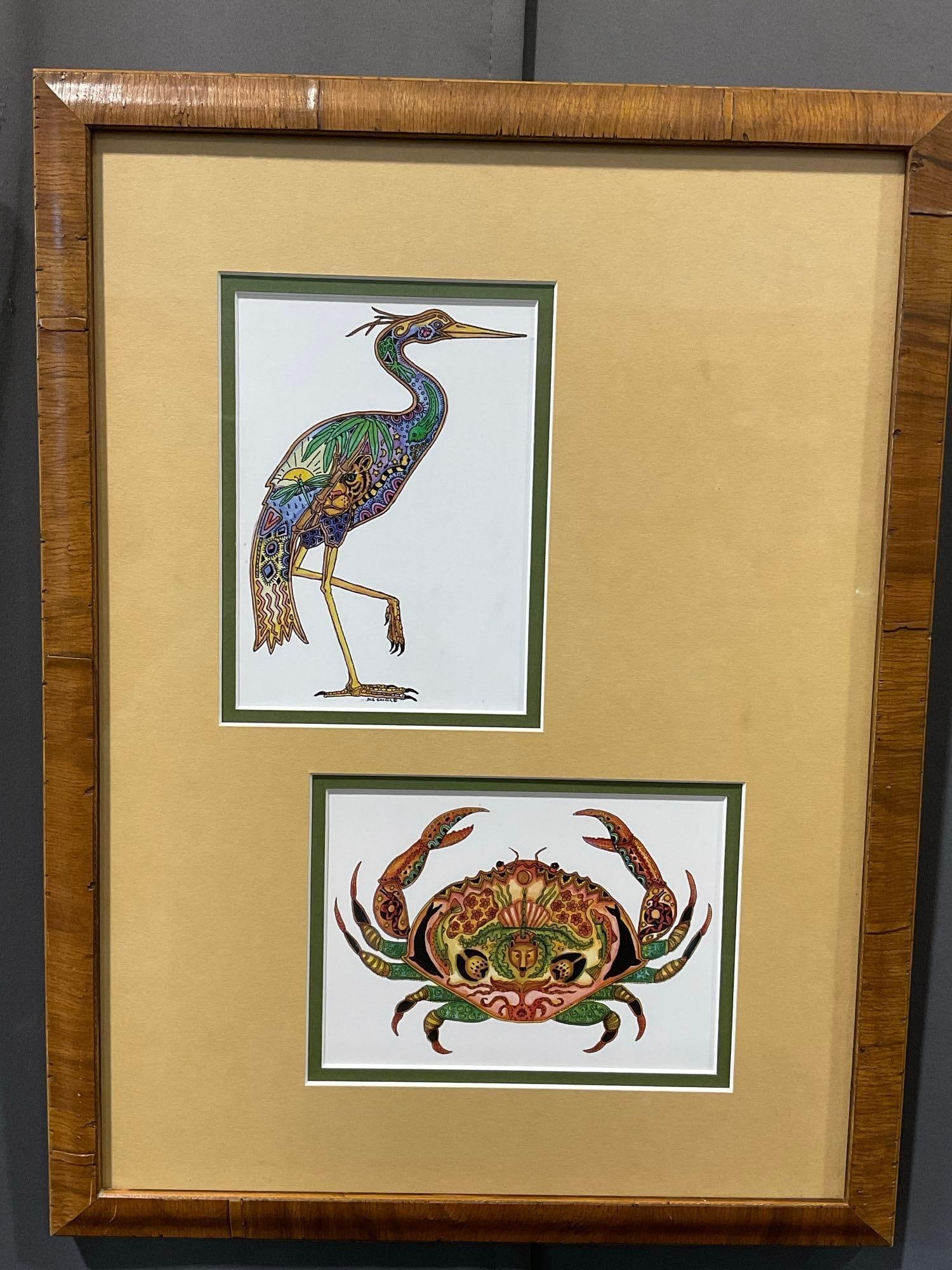 Pair of Earth Art Images, Crab & Great Blue Heron by Sue Coccia, framed together: Appears to be in good shape. The piece measures approx 24h x 19w x 3d inches. See pics. E-6580