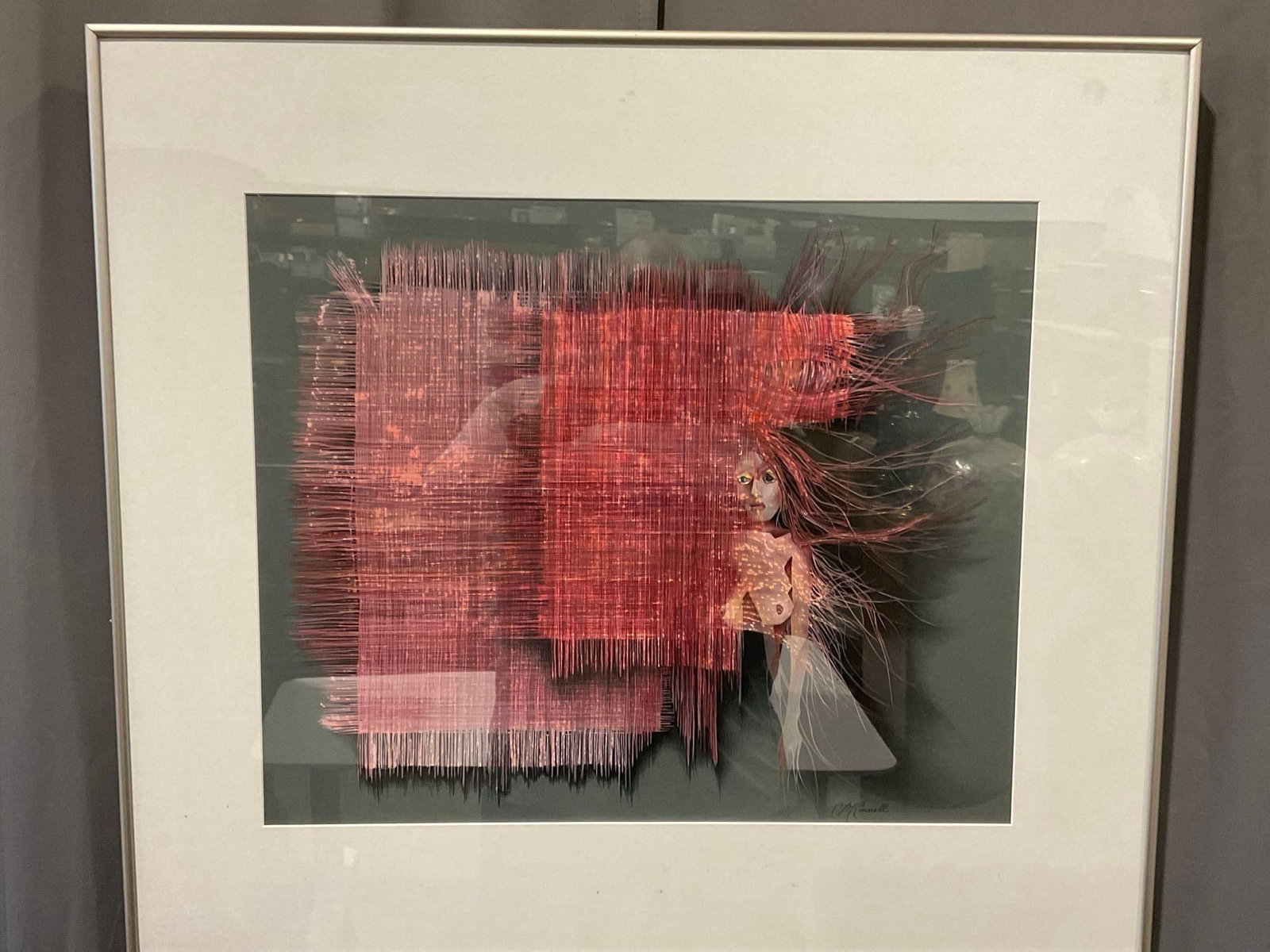 Framed Signed Original Colored Pencil piece titled Frazzed by Carla McConnell 29x33 inches: Previously listed for 1500 dollars. Appears to be in good shape. The piece measures approx 29h x 33w x 3d inches. See pics. E-6580