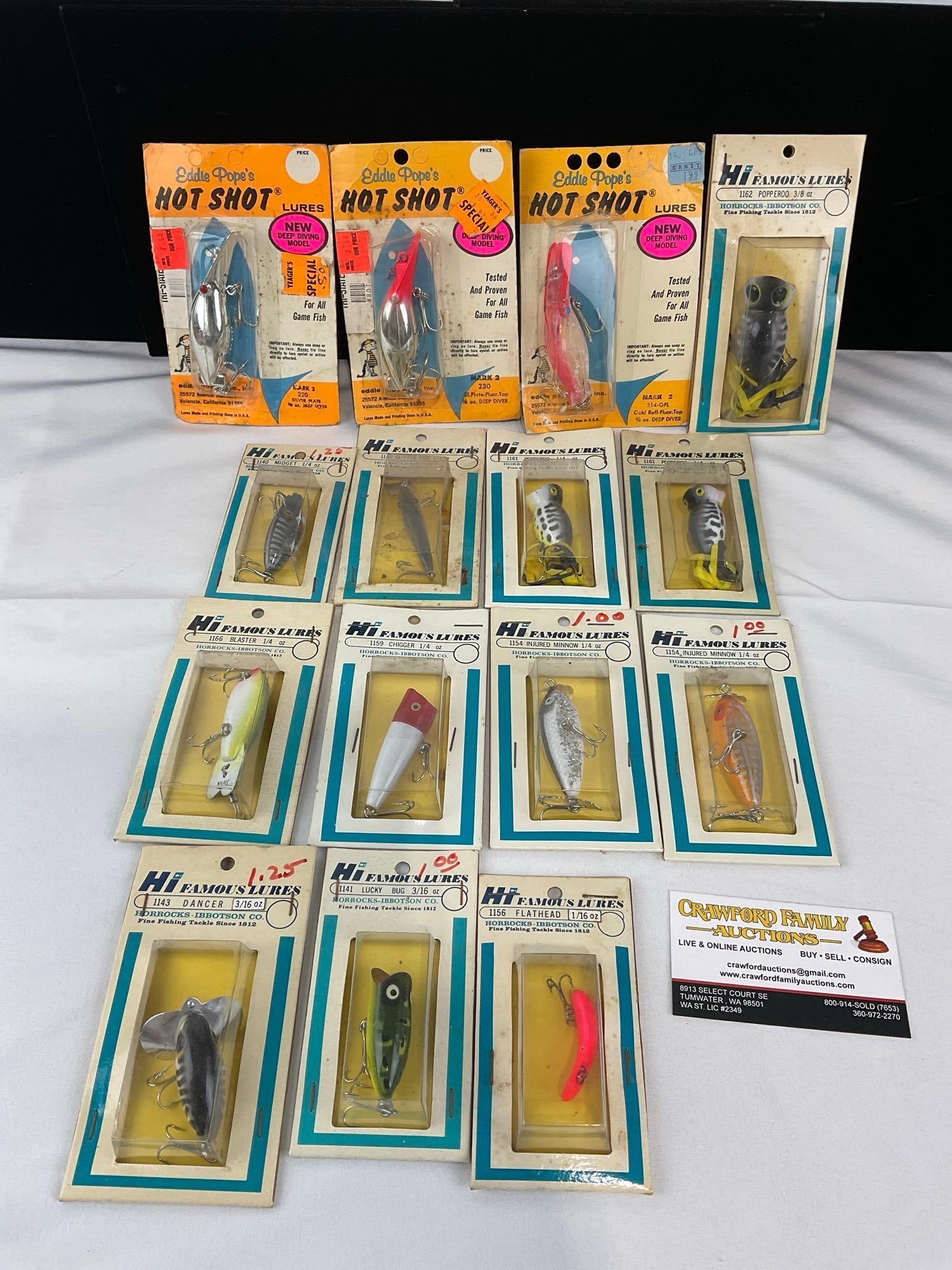12 HI Famous Lures Minnows, Dancers, Blaster, & More, & 3x Eddie Pope Hot Shot Lures, in packaging: Appears to be in good shape. The piece measures approx 6h x 14w x 11d inches. See pics. E-6610