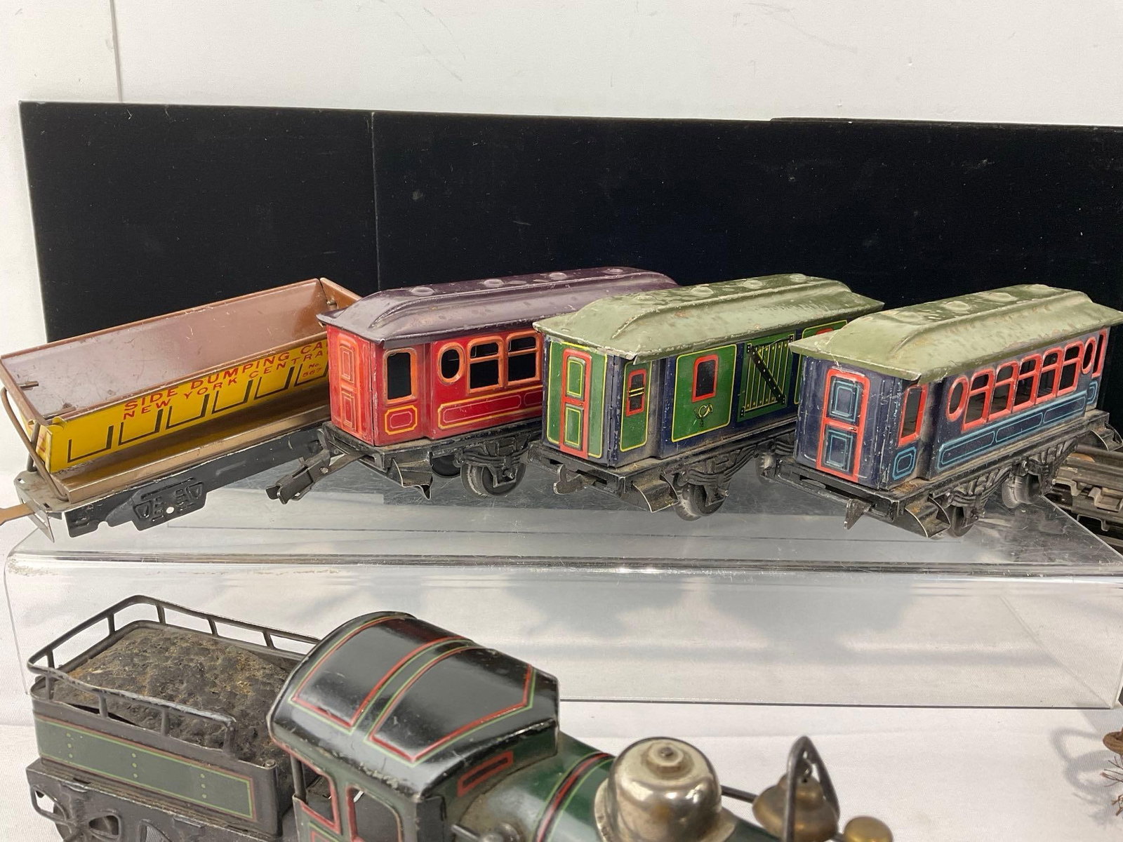 Vintage Lithographed Tinplate Wind Up Train Engine, Tender, 3 Passenger Cars & Side Dumper, w/Track - 2