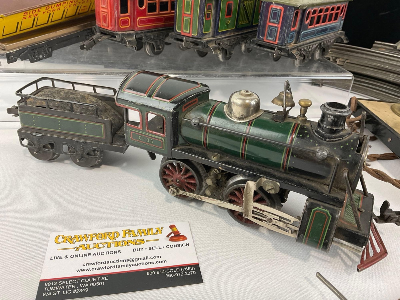 Vintage Lithographed Tinplate Wind Up Train Engine, Tender, 3 Passenger Cars & Side Dumper, w/Track - 3