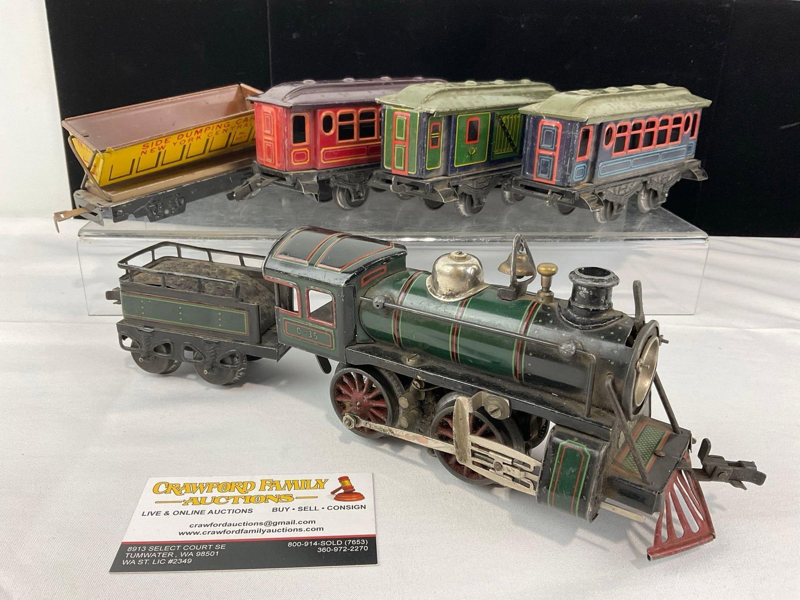 Vintage Lithographed Tinplate Wind Up Train Engine, Tender, 3 Passenger Cars & Side Dumper, w/Track - 7