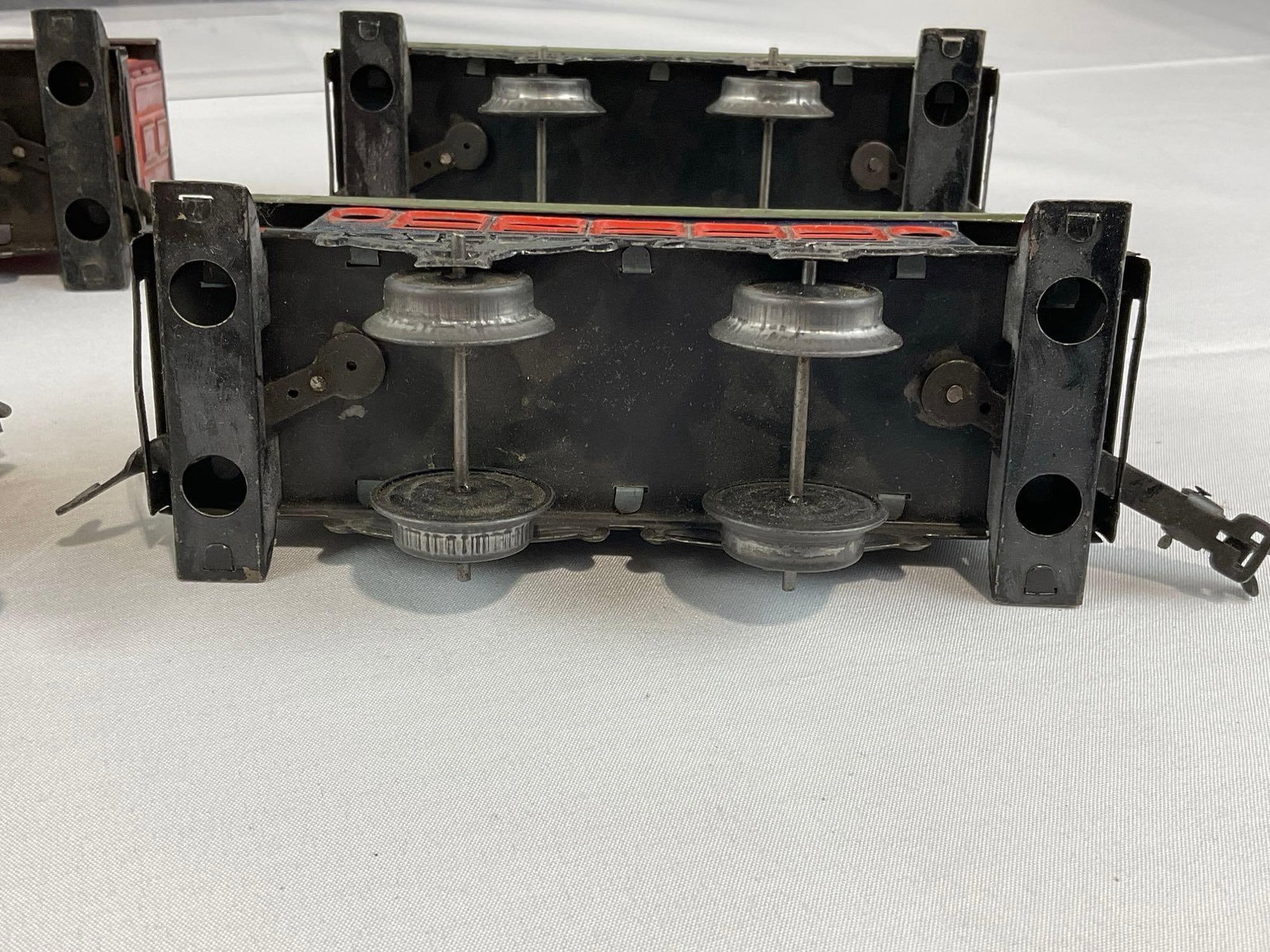 Vintage Lithographed Tinplate Wind Up Train Engine, Tender, 3 Passenger Cars & Side Dumper, w/Track - 9