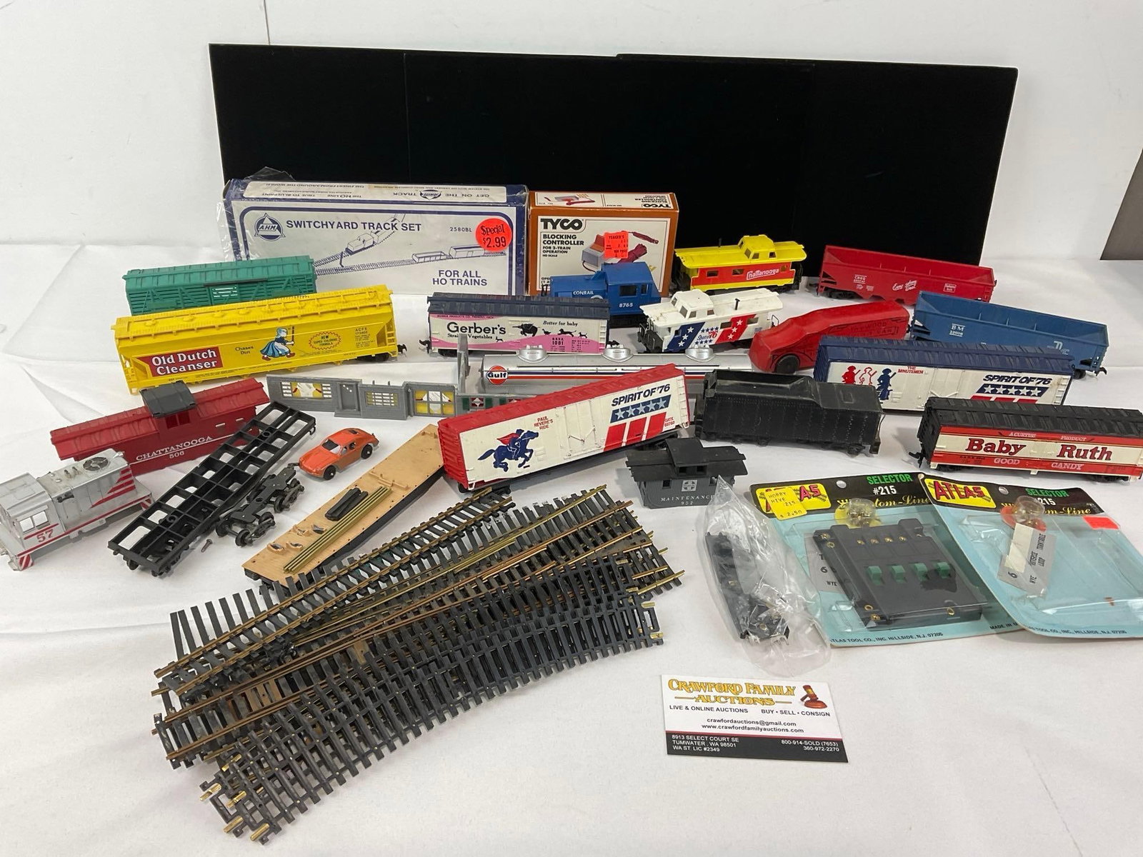 Collection of HO Scale Train Cars, Box Cars, Cabooses, small amount of Track, Switchyard Set & more (1 of 5)