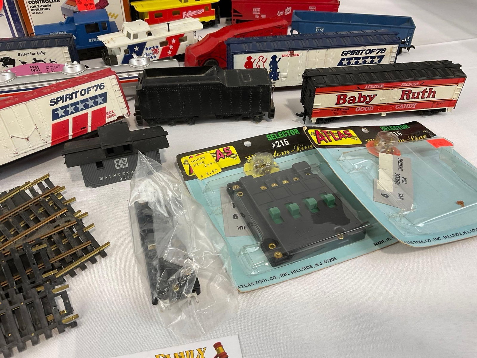 Collection of HO Scale Train Cars, Box Cars, Cabooses, small amount of Track, Switchyard Set & more - 4