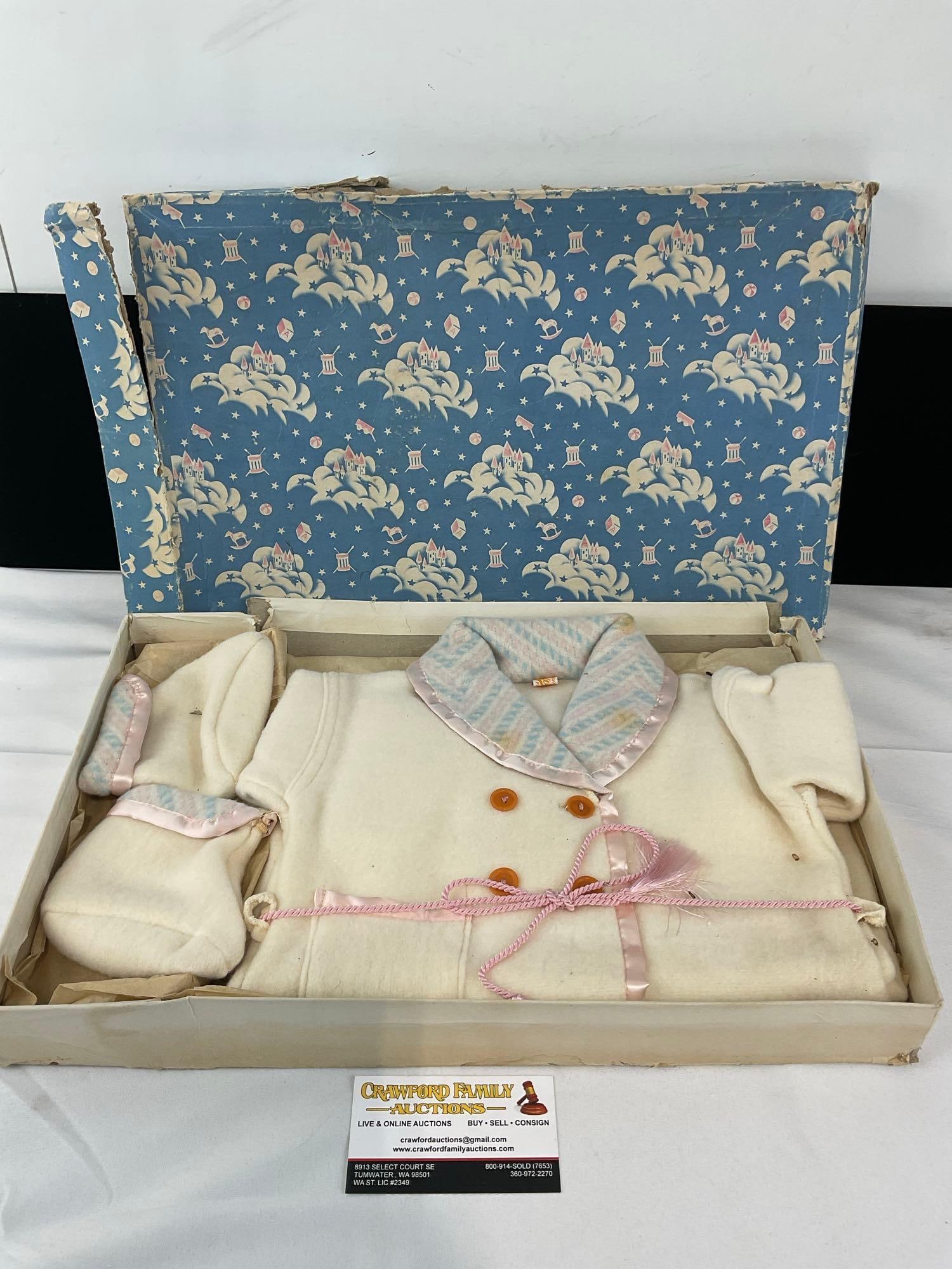 Early 20th Century Vintage Beacon Fabric Baby Coat & Booties Set, in cardboard box: Appears to be in good shape. The piece measures approx 4h x 17w x 12d inches. See pics. E-6610