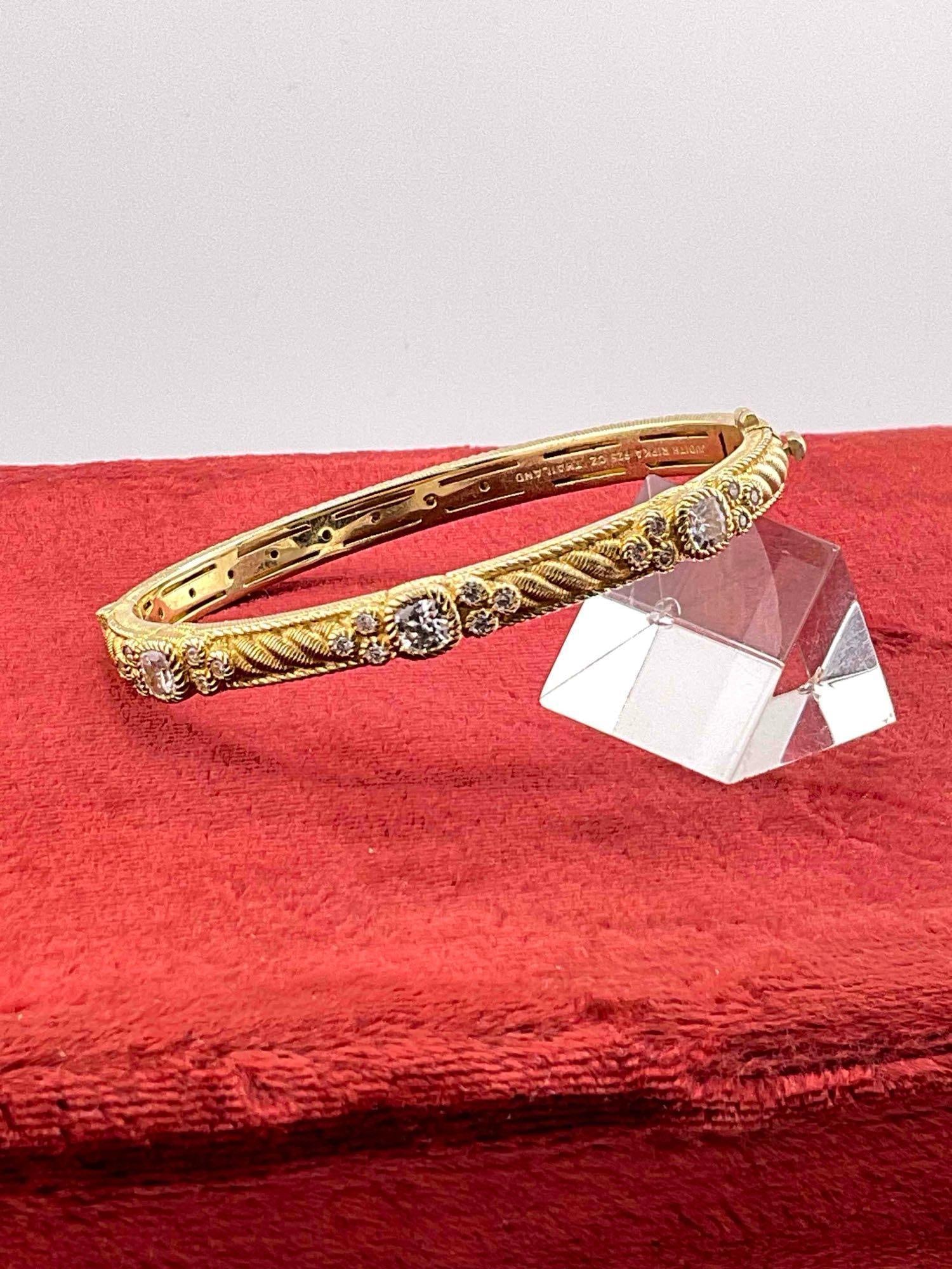 Judith Ripka Vermeil (Gold over Sterling Silver) Bangle Bracelet w/ Cubic Zirconia Settings. - 2