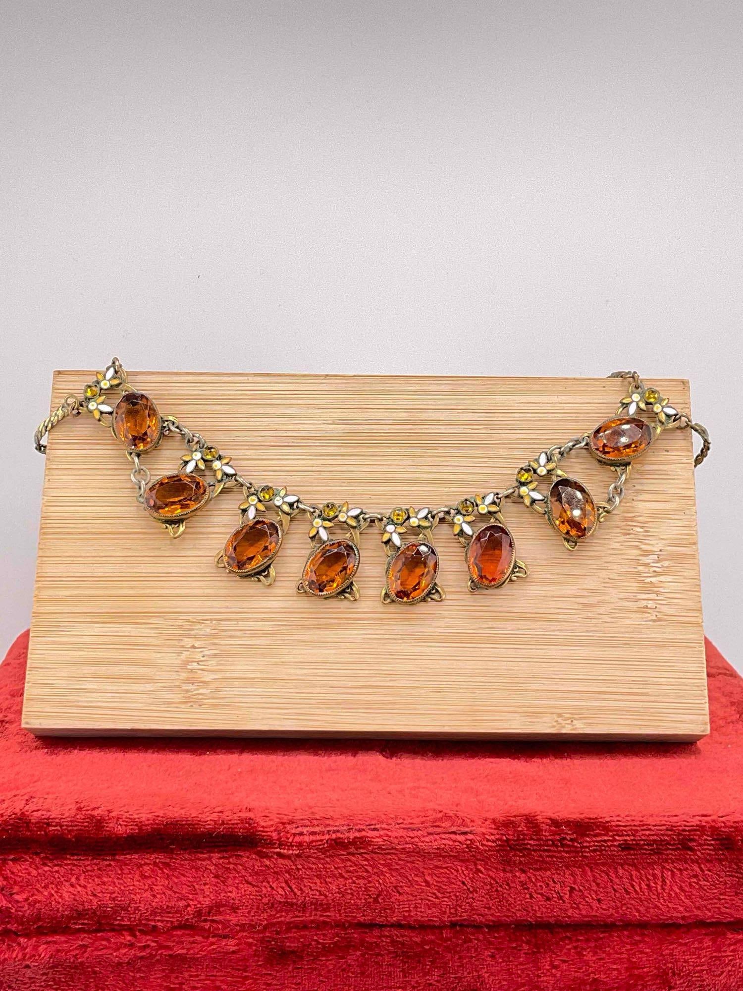 Antique Victorian Brass & Enamel 16" Necklace w/ Citrine Toned Settings. See pics. (1 of 4)