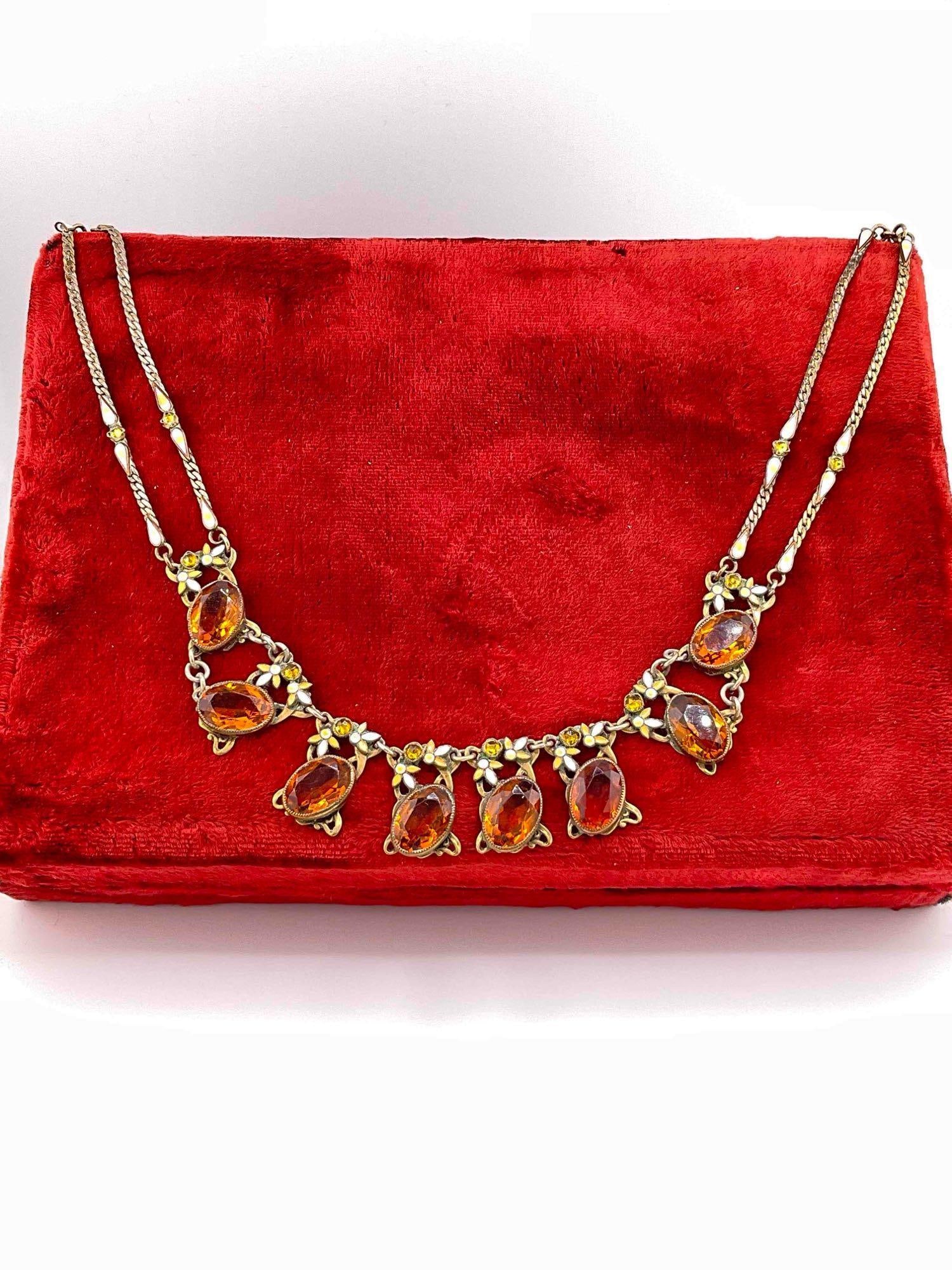 Antique Victorian Brass & Enamel 16" Necklace w/ Citrine Toned Settings. See pics. - 2