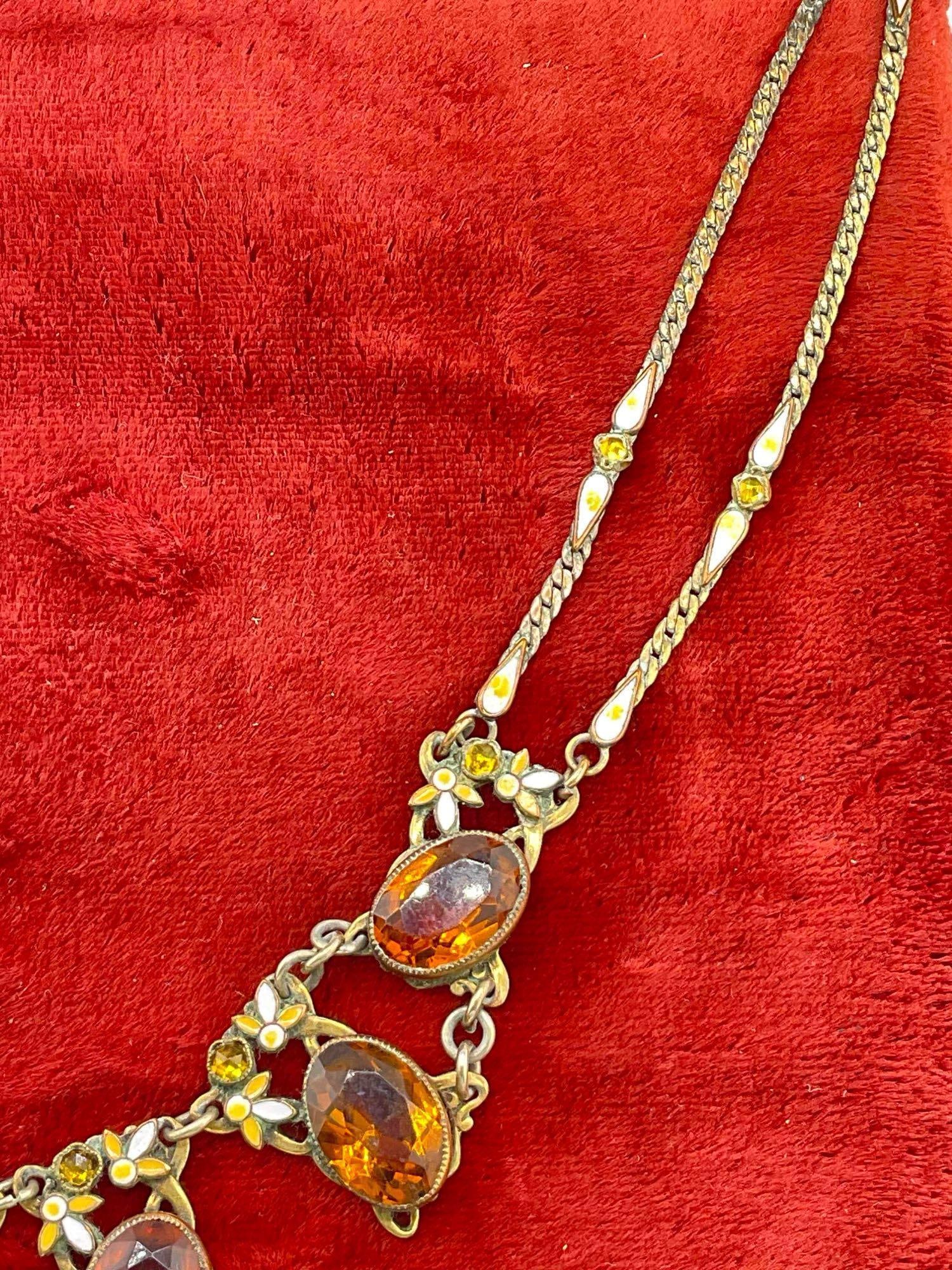Antique Victorian Brass & Enamel 16" Necklace w/ Citrine Toned Settings. See pics. - 3