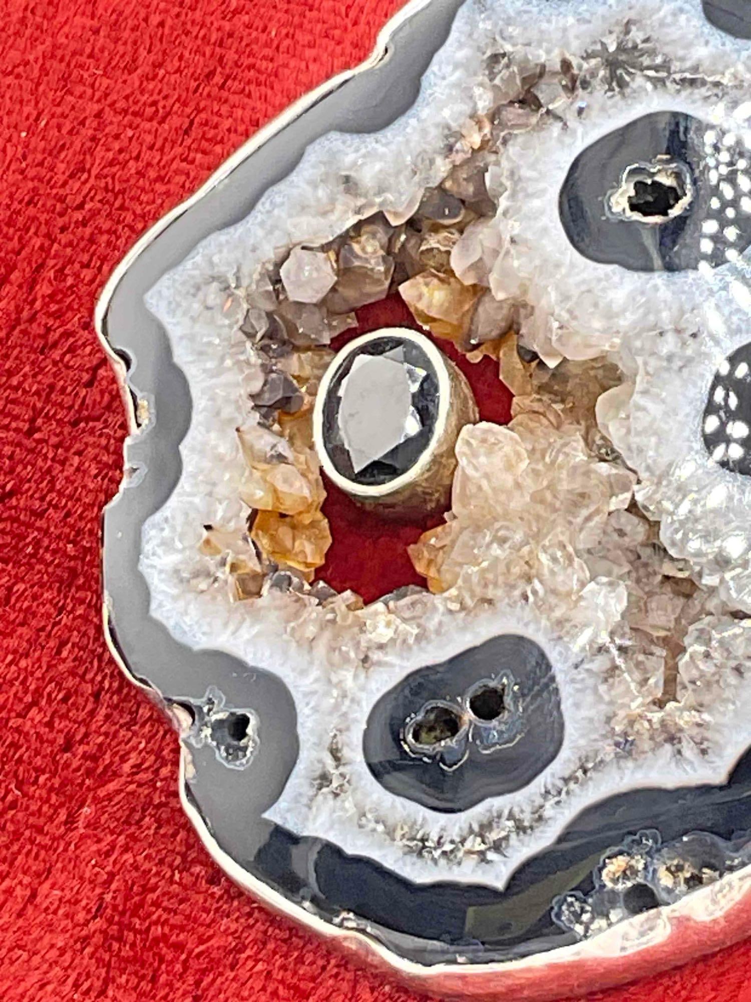 Large Agate Druzy Slice Pendant Set in Sterling Silver Bezel w/ Black Garnet Toned Setting. - 2