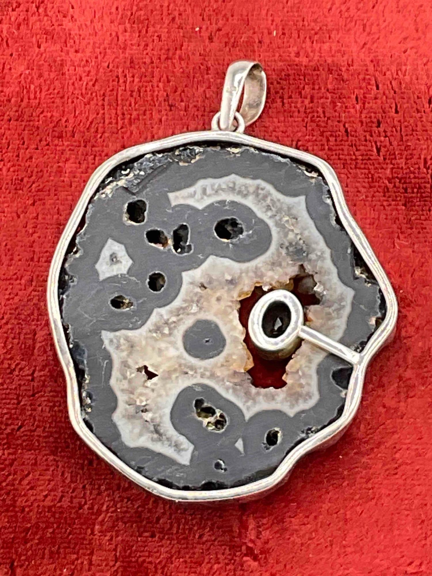 Large Agate Druzy Slice Pendant Set in Sterling Silver Bezel w/ Black Garnet Toned Setting. - 3