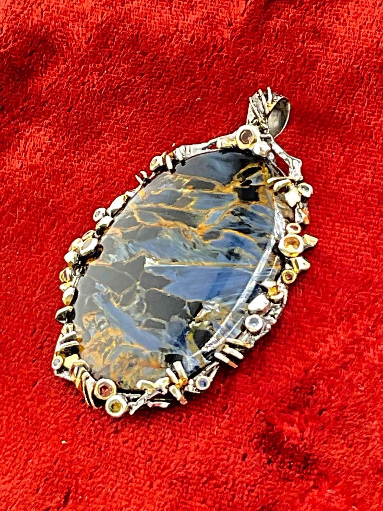Pietersite Cabochon Set in Sterling Silver Bezel Pendant w/ Gold Accents & Multi Stone Settings. - 2