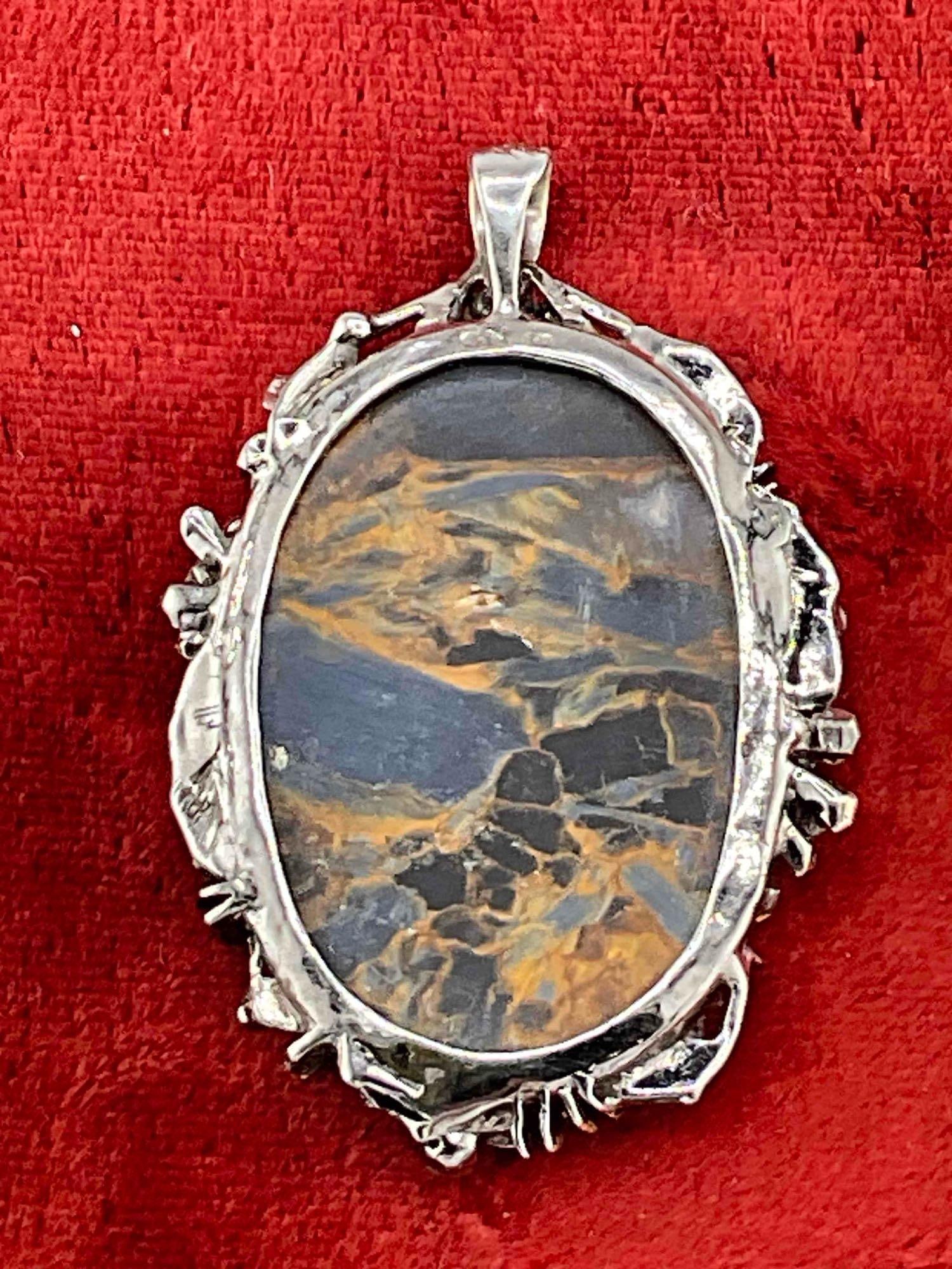 Pietersite Cabochon Set in Sterling Silver Bezel Pendant w/ Gold Accents & Multi Stone Settings. - 3