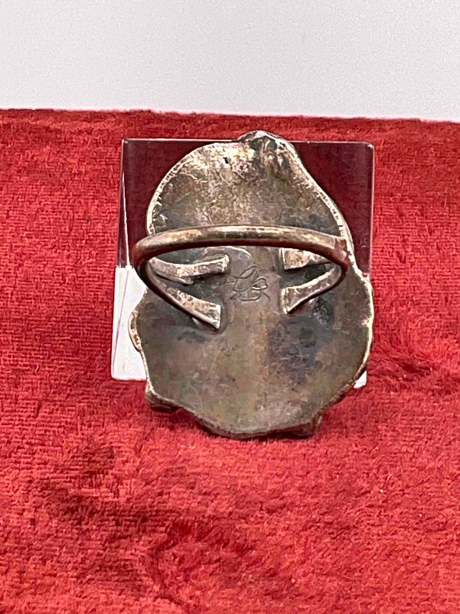 Vintage Native American Signed C.B. Sterling Silver Ring w/ Multi-Stone Setting, incl. Shell, Size - 2