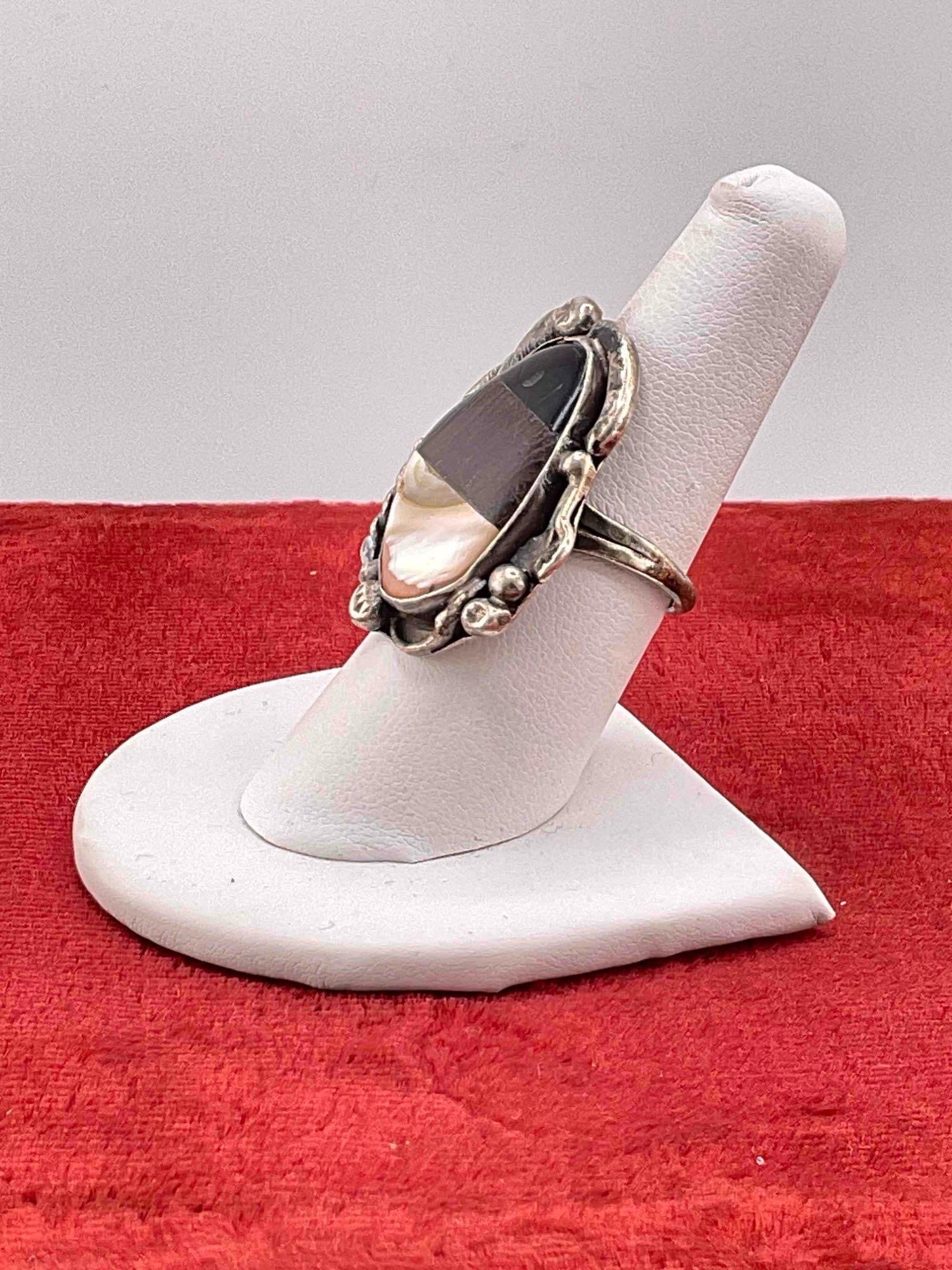 Vintage Native American Signed C.B. Sterling Silver Ring w/ Multi-Stone Setting, incl. Shell, Size - 3