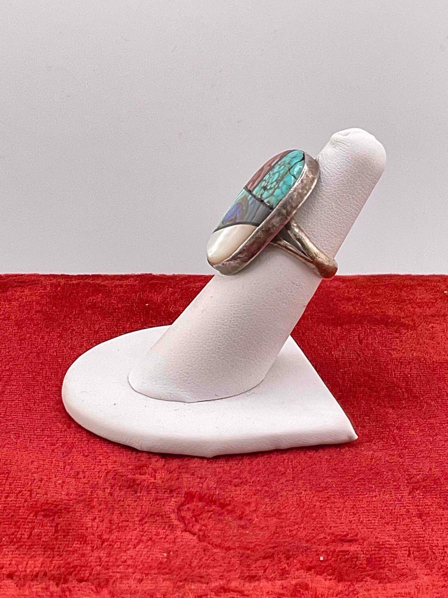 Vintage Native American Sterling Silver Ring w/ Multi-Stone Setting, incl. Turquoise, Size 5.5 - 2
