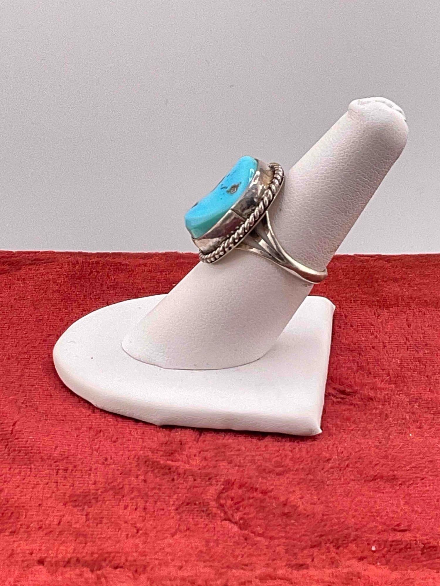 Vintage Native American Sterling Silver Ring w/ Turquoise Toned Setting, Size 7. Signed Nakai. - 2