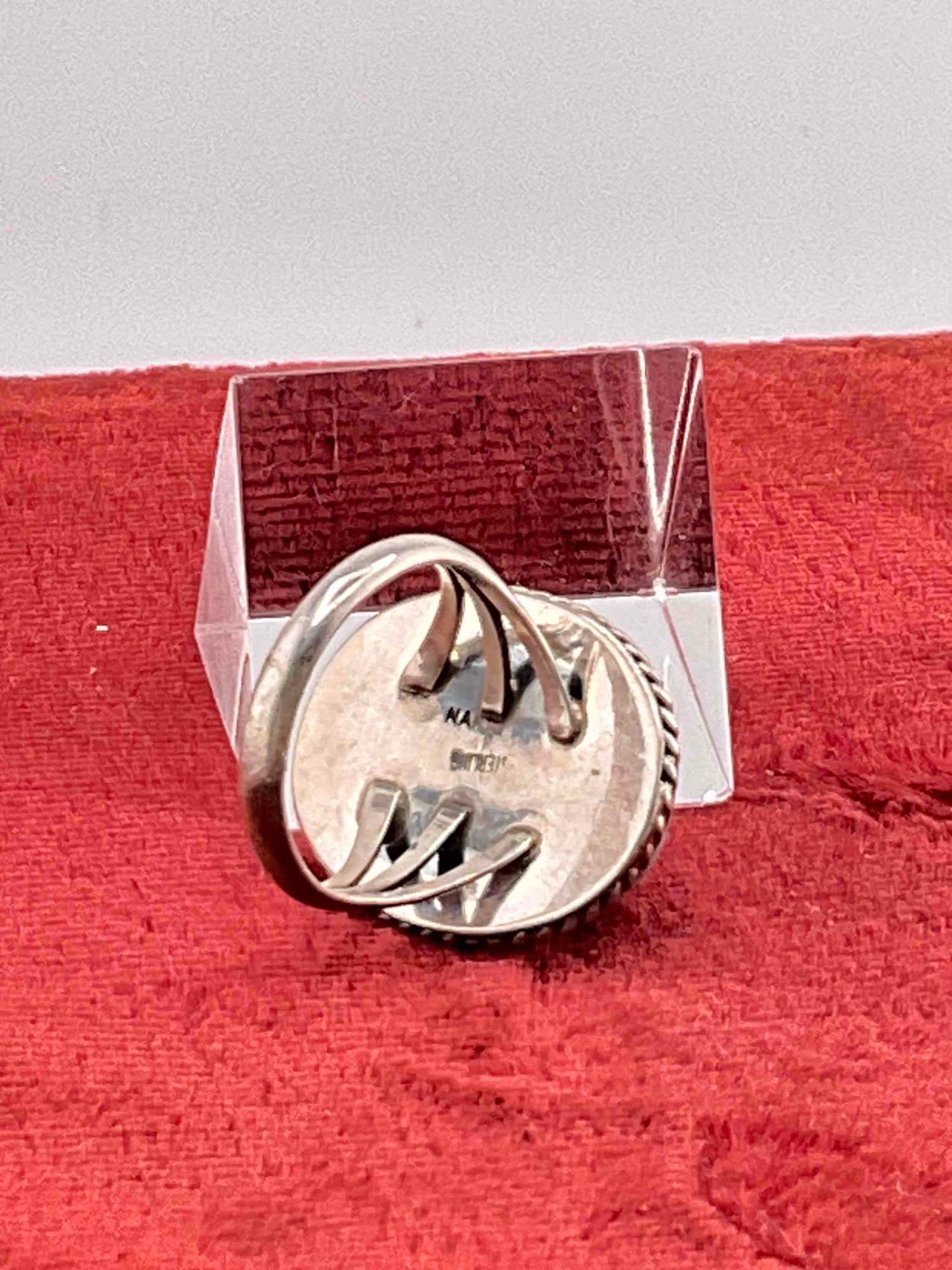 Vintage Native American Sterling Silver Ring w/ Turquoise Toned Setting, Size 7. Signed Nakai. - 3