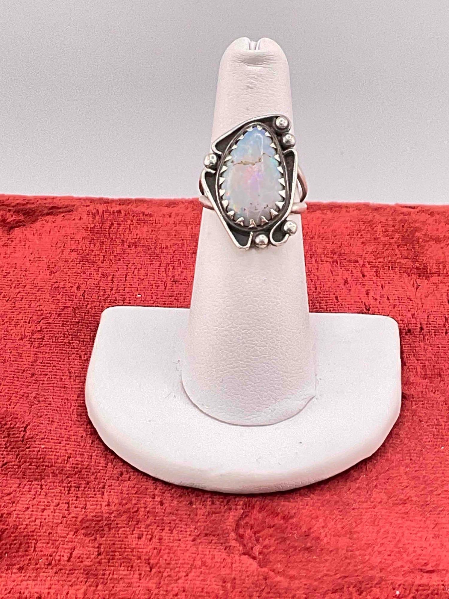 Vintage Native American Sterling Silver Ring w/ Opal Toned Setting, Size 6. See pics.: Vintage Native American Sterling Silver Ring w/ Opal Toned Setting, Size 6. Unstamped, tested positive for sterling silver. Stone has cracked, otherwise looks to be in fair condition. DM-414
