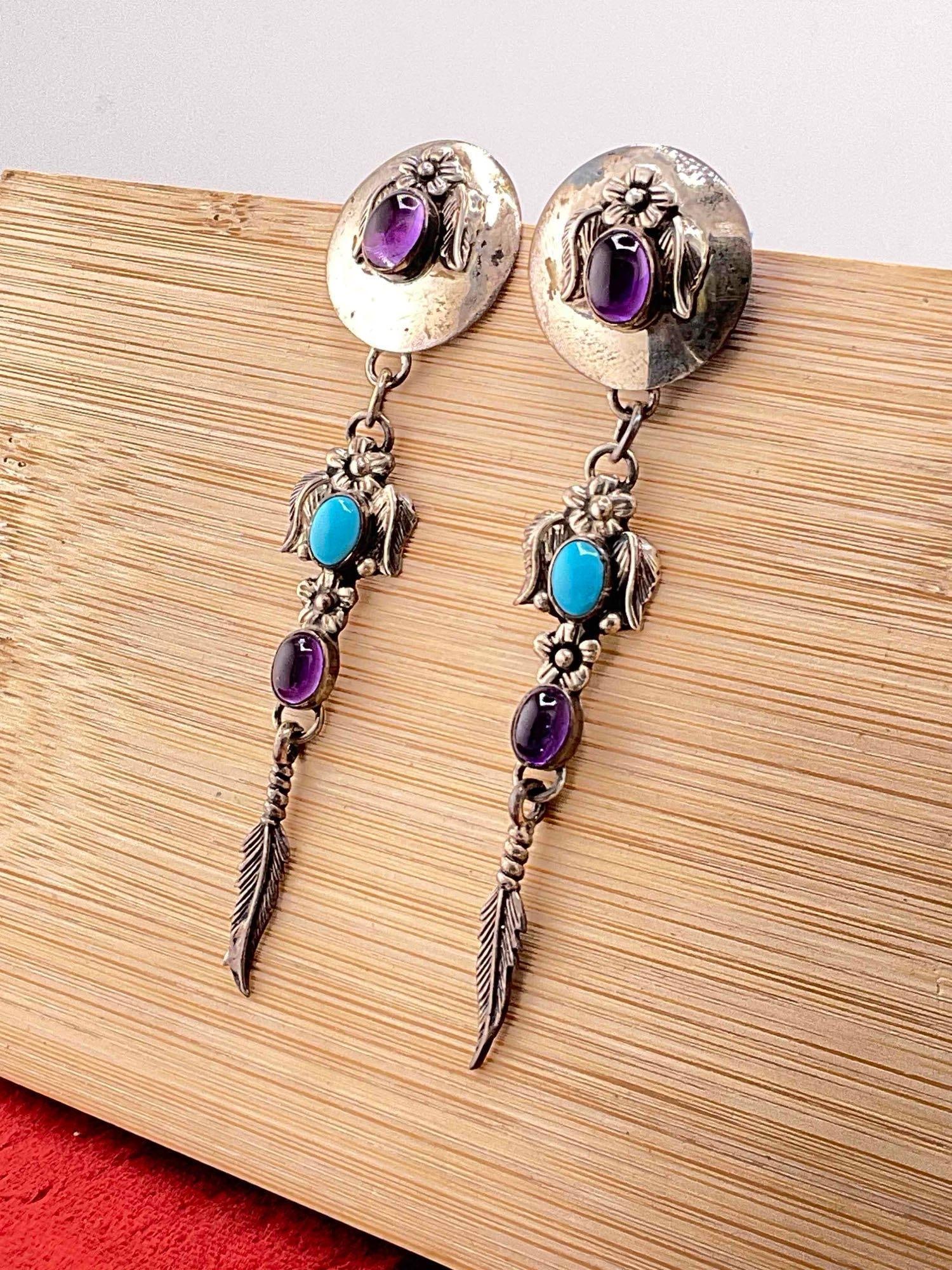 Vintage Carol Felley Sterling Silver Earrings w/ Amethyst & Turquoise Toned Settings. See pics. - 3