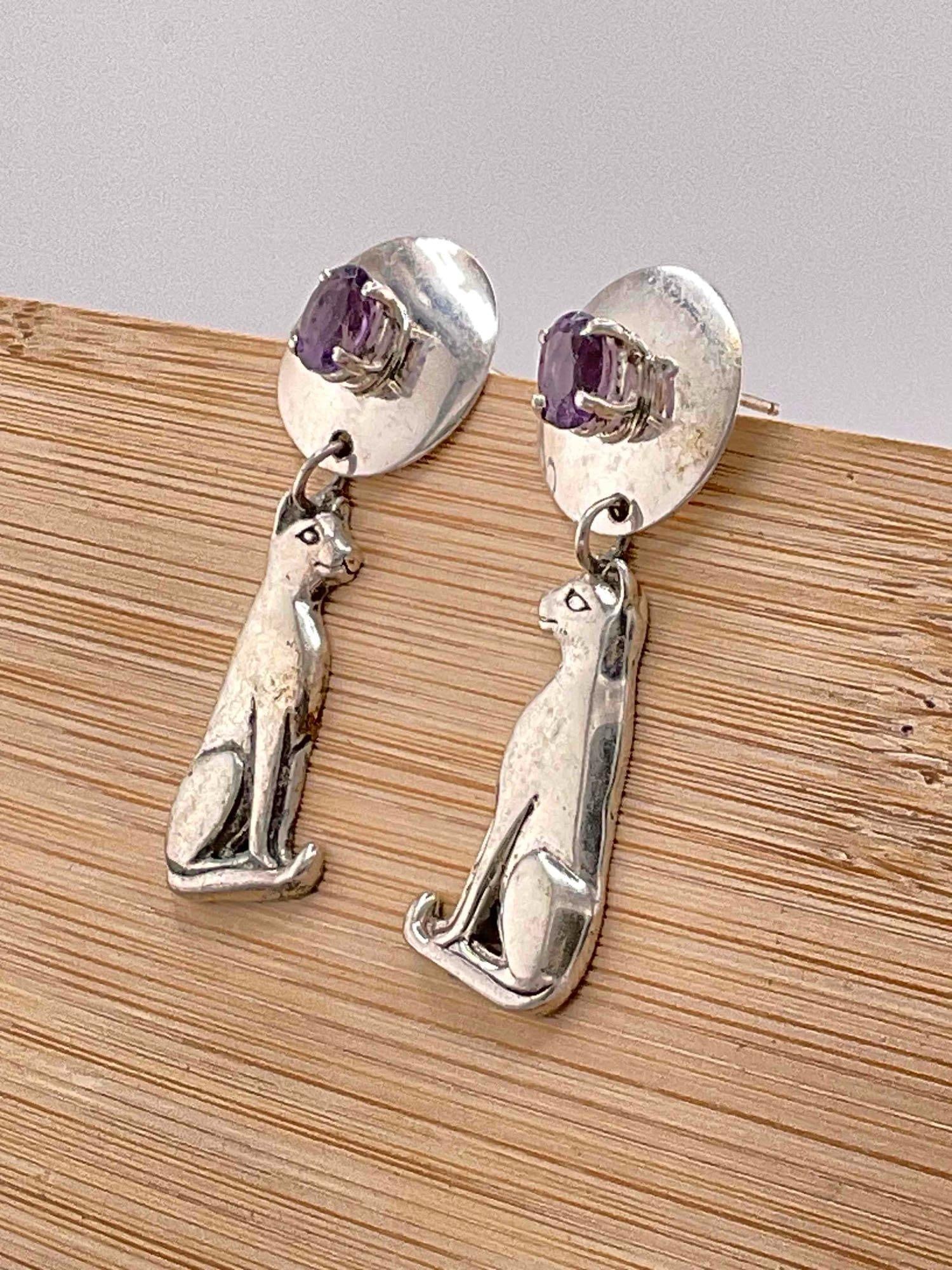 Vintage Carol Felley Sterling Silver Earrings w/ Cat Design & Amethyst Toned Settings. See pics. - 2