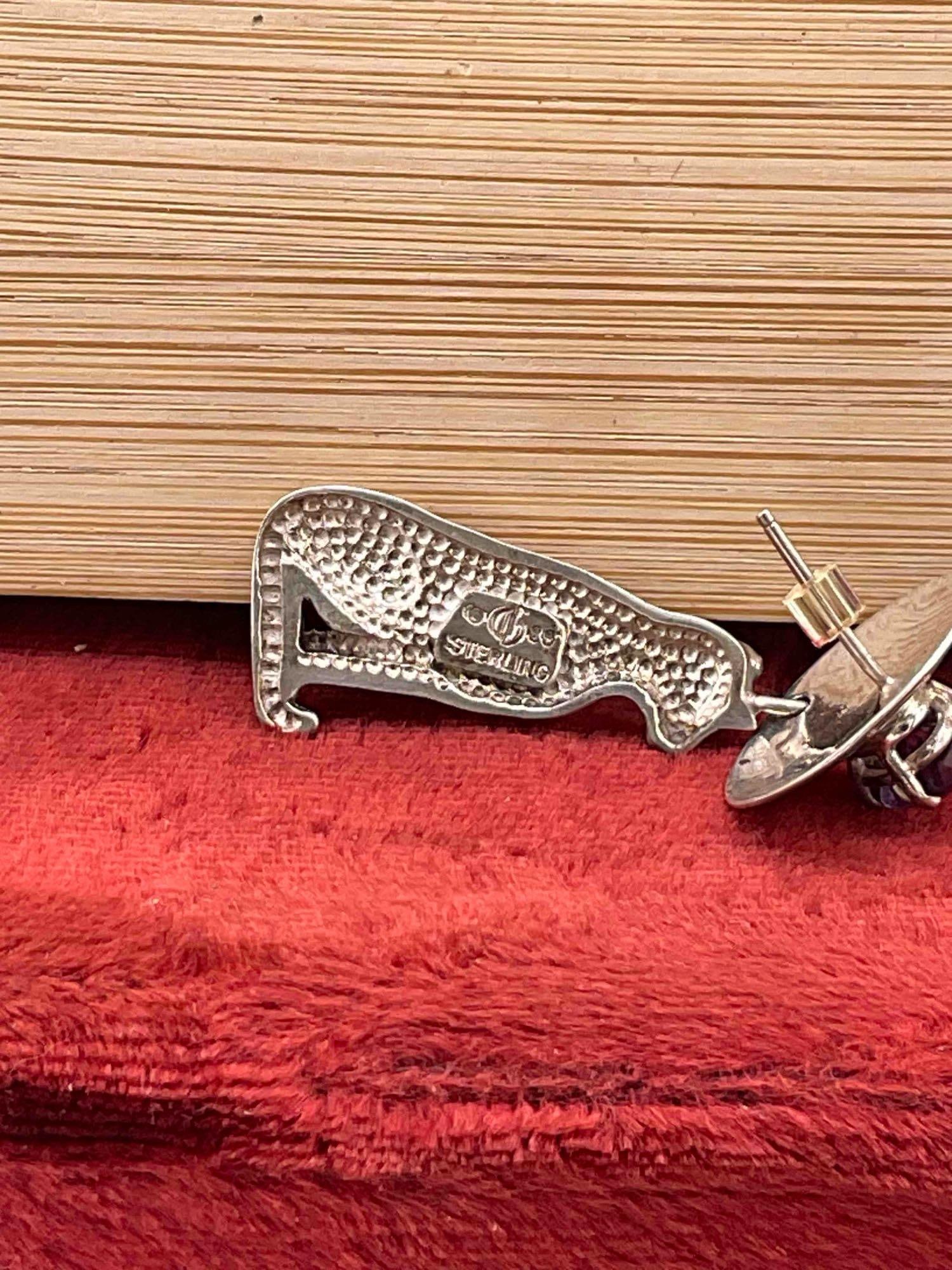 Vintage Carol Felley Sterling Silver Earrings w/ Cat Design & Amethyst Toned Settings. See pics. - 3