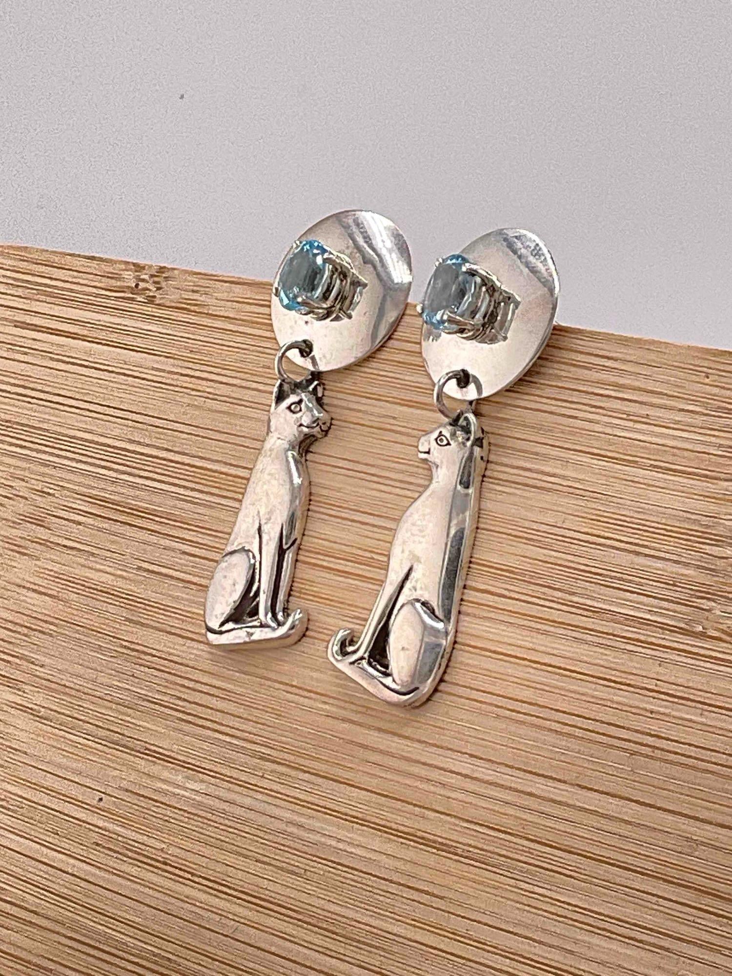 Vintage Carol Felley Sterling Silver Earrings w/ Cat Design & Blue Topaz Toned Settings. See pics. - 3