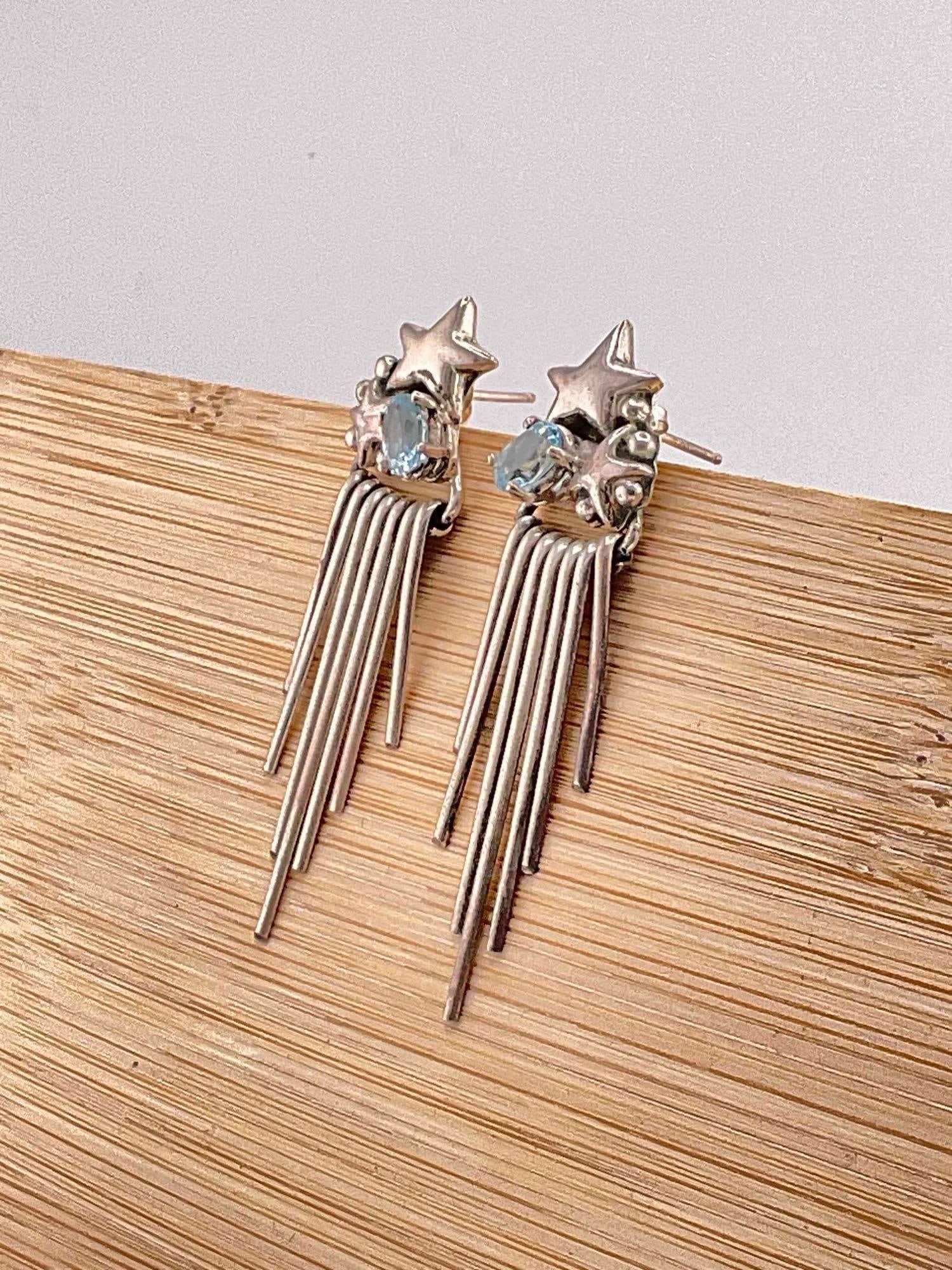 Vintage Carol Felley Sterling Silver Earrings w/ Star Design & Blue Topaz Toned Settings. See pics. - 2