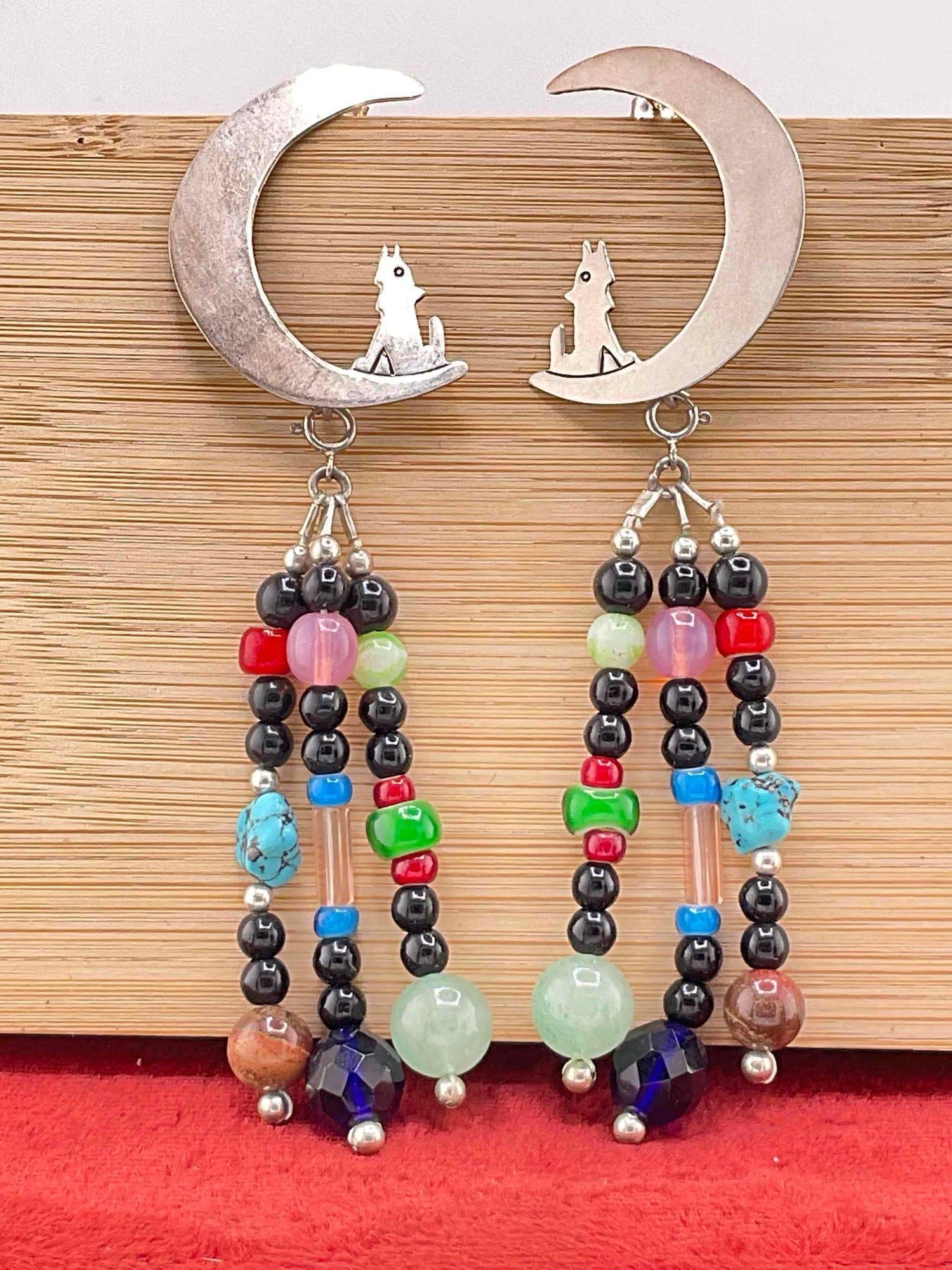 Charming Sterling Silver Earrings w/ Crescent Moon Design & Multi-Toned Bead Dangles. See pics.: Charming Sterling Silver Earrings w/ Crescent Moon Design & Multi-Toned Bead Dangles. Beads look to be a combination of semi-precious stones like turquoise and glass. No stamp but tested positive 