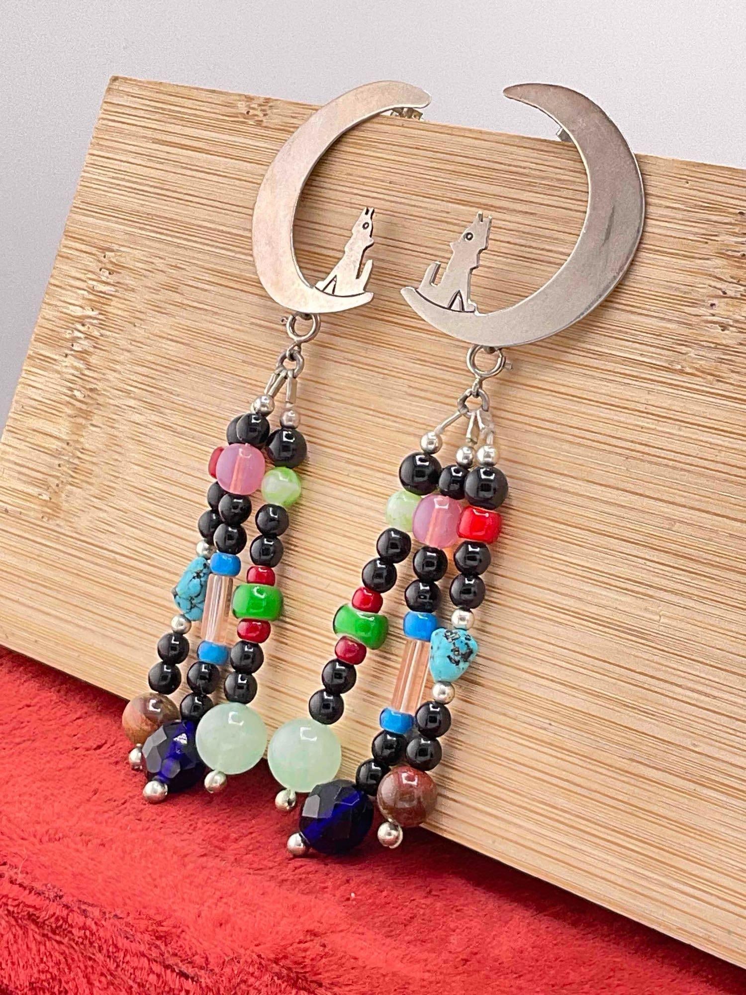 Charming Sterling Silver Earrings w/ Crescent Moon Design & Multi-Toned Bead Dangles. See pics. - 2