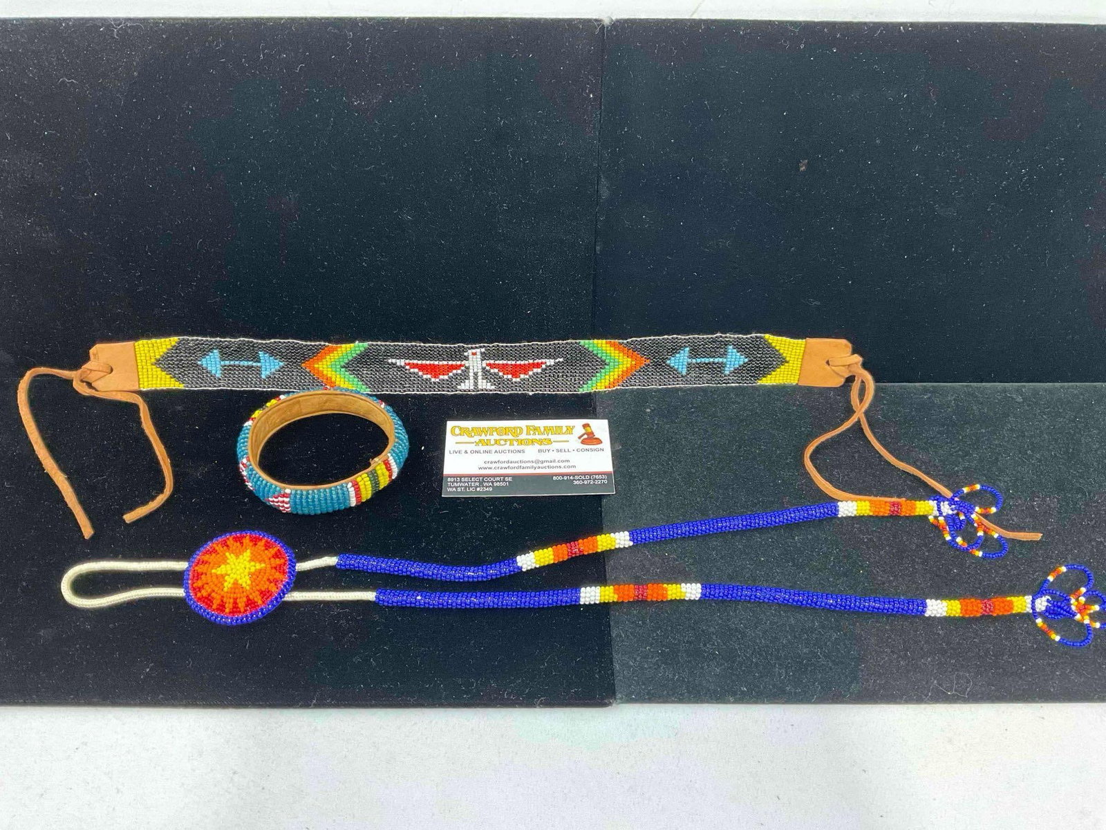 3 pcs Vintage Native American Beadwork, incl. Medallion, Bracelet & Headband. See pics.: 3 pcs Vintage Native American Beadwork, incl. Medallion, Bracelet & Headband. All handmade. Minor wear indicative of age and use, otherwise looks to be in good condition. Largest measures 19" x